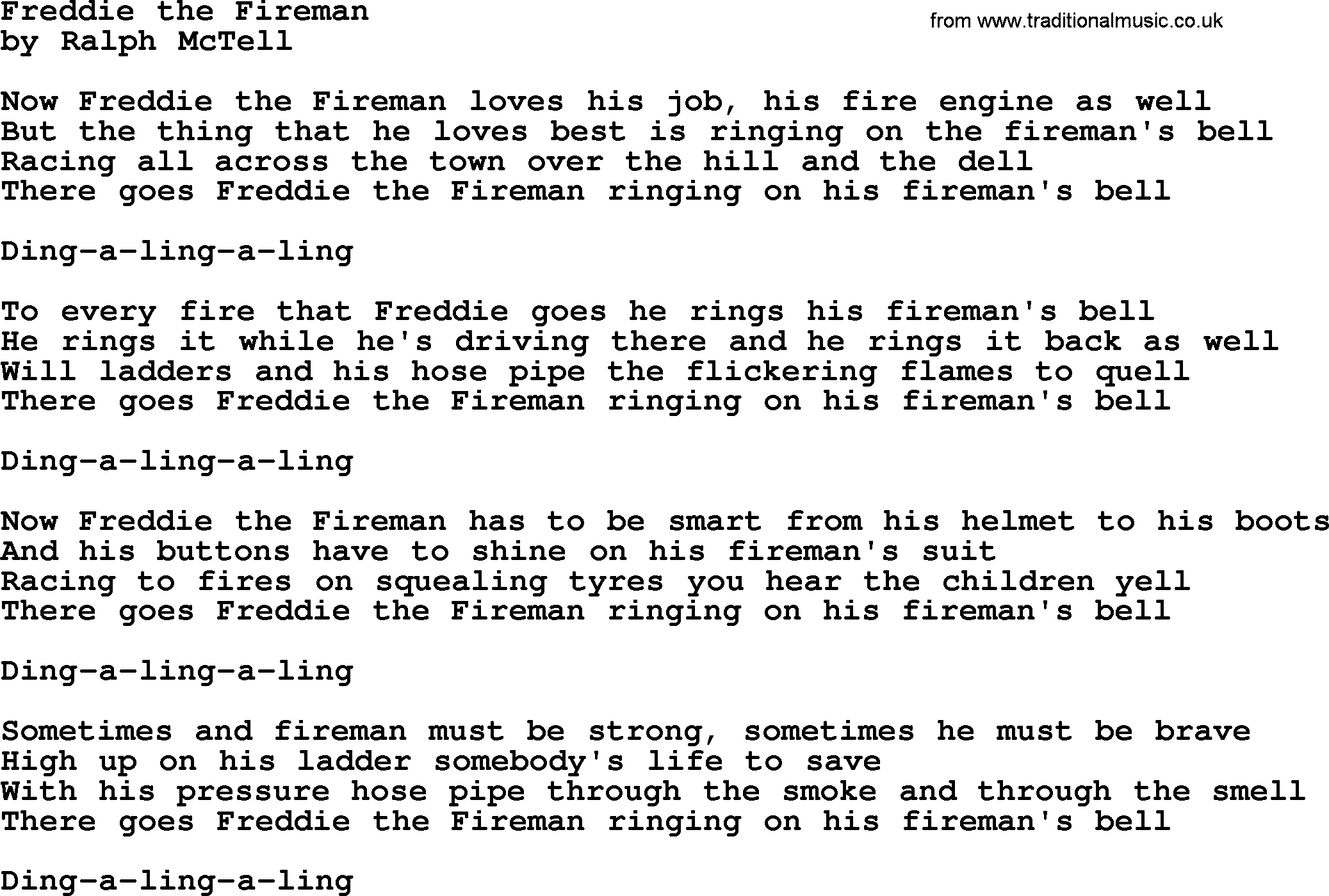 Ralph McTell Song: Freddie The Fireman, lyrics