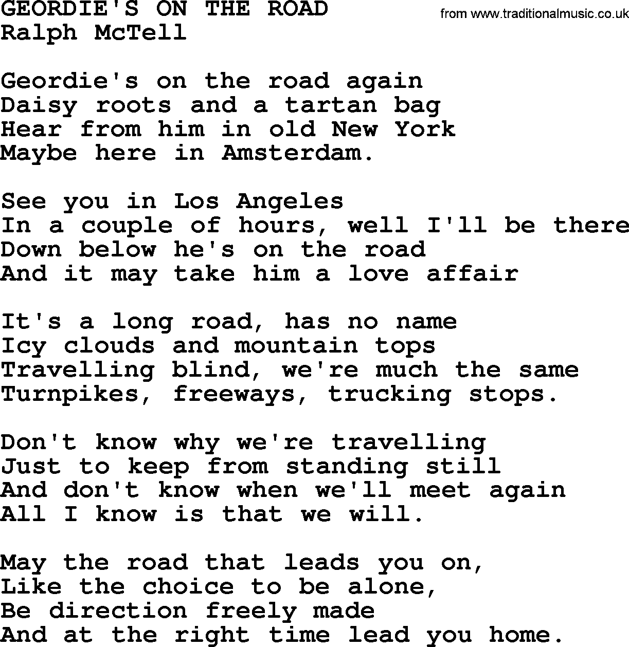 Ralph McTell Song: Geordie's On The Road, lyrics
