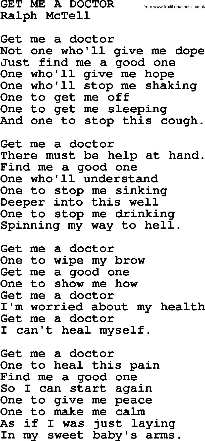 Ralph McTell Song: Get Me A Doctor, lyrics