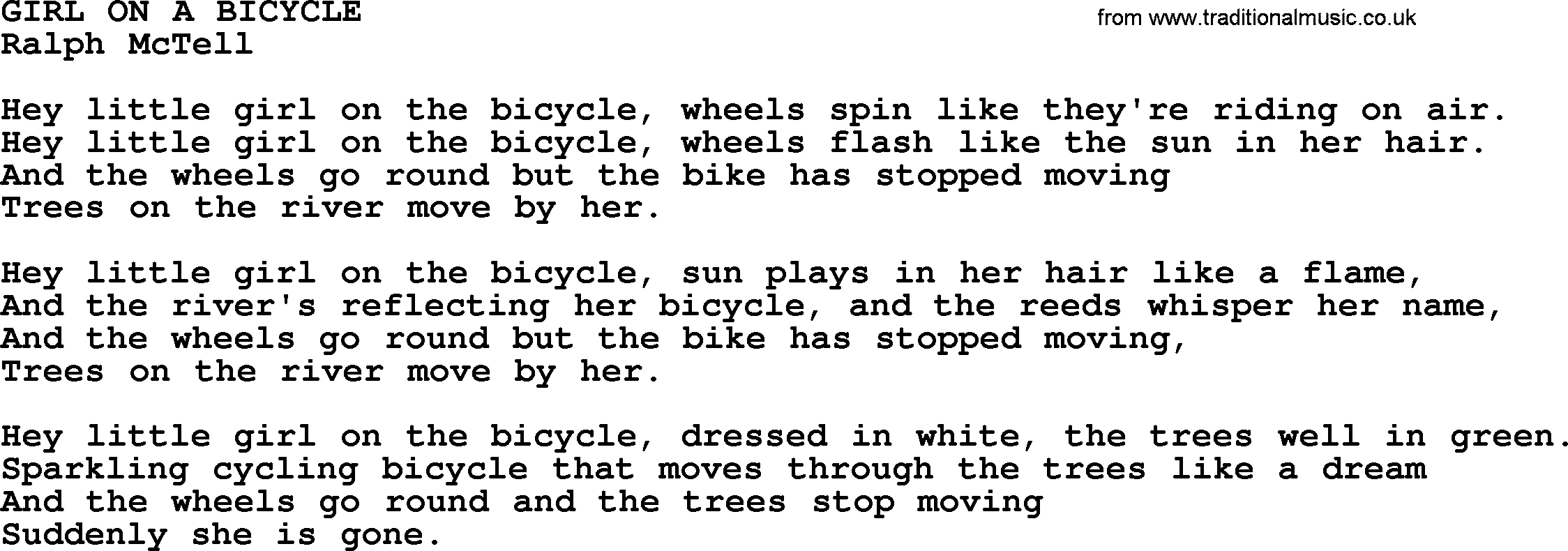 Ralph McTell Song: Girl On A Bicycle, lyrics