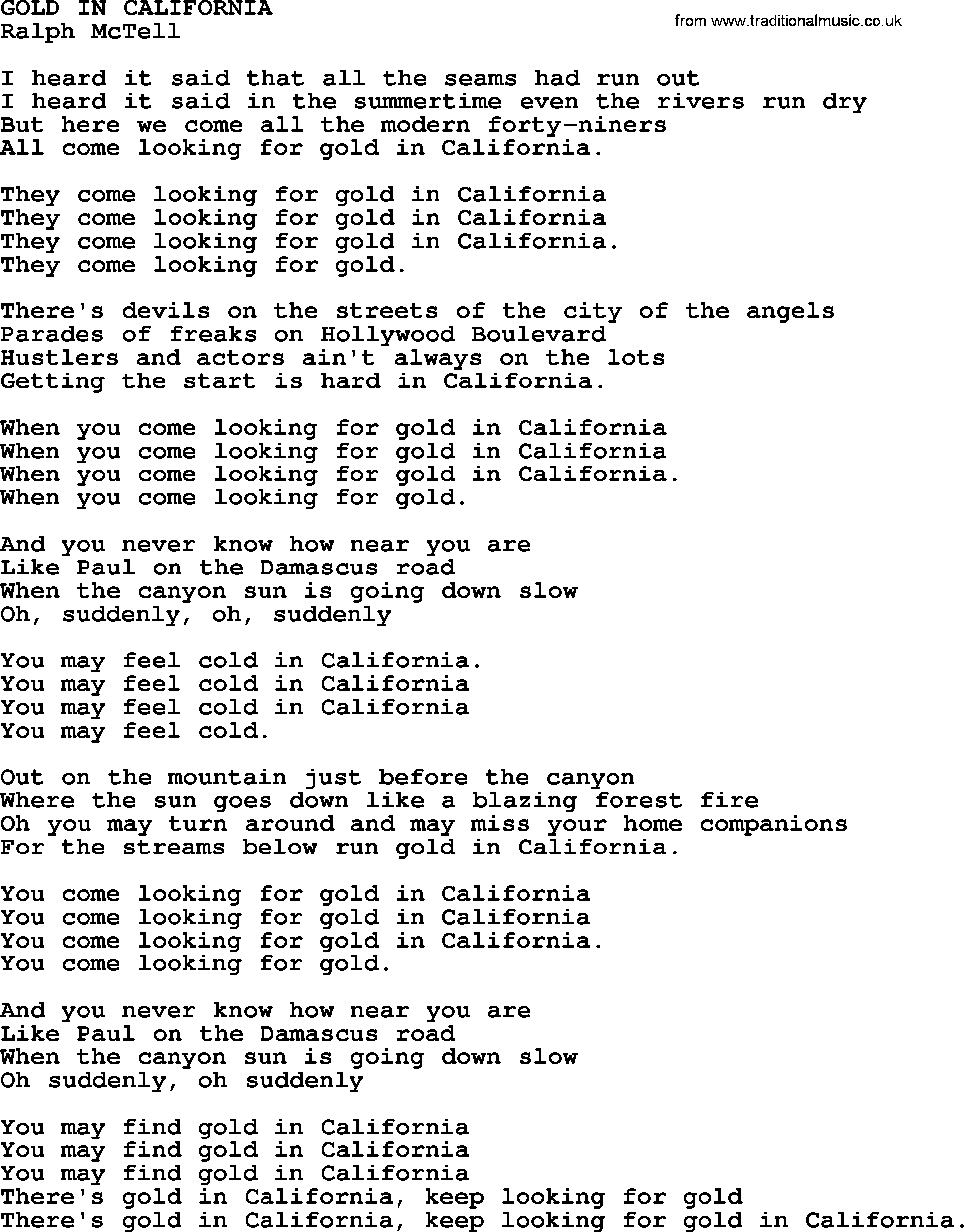 Ralph McTell Song: Gold In California, lyrics