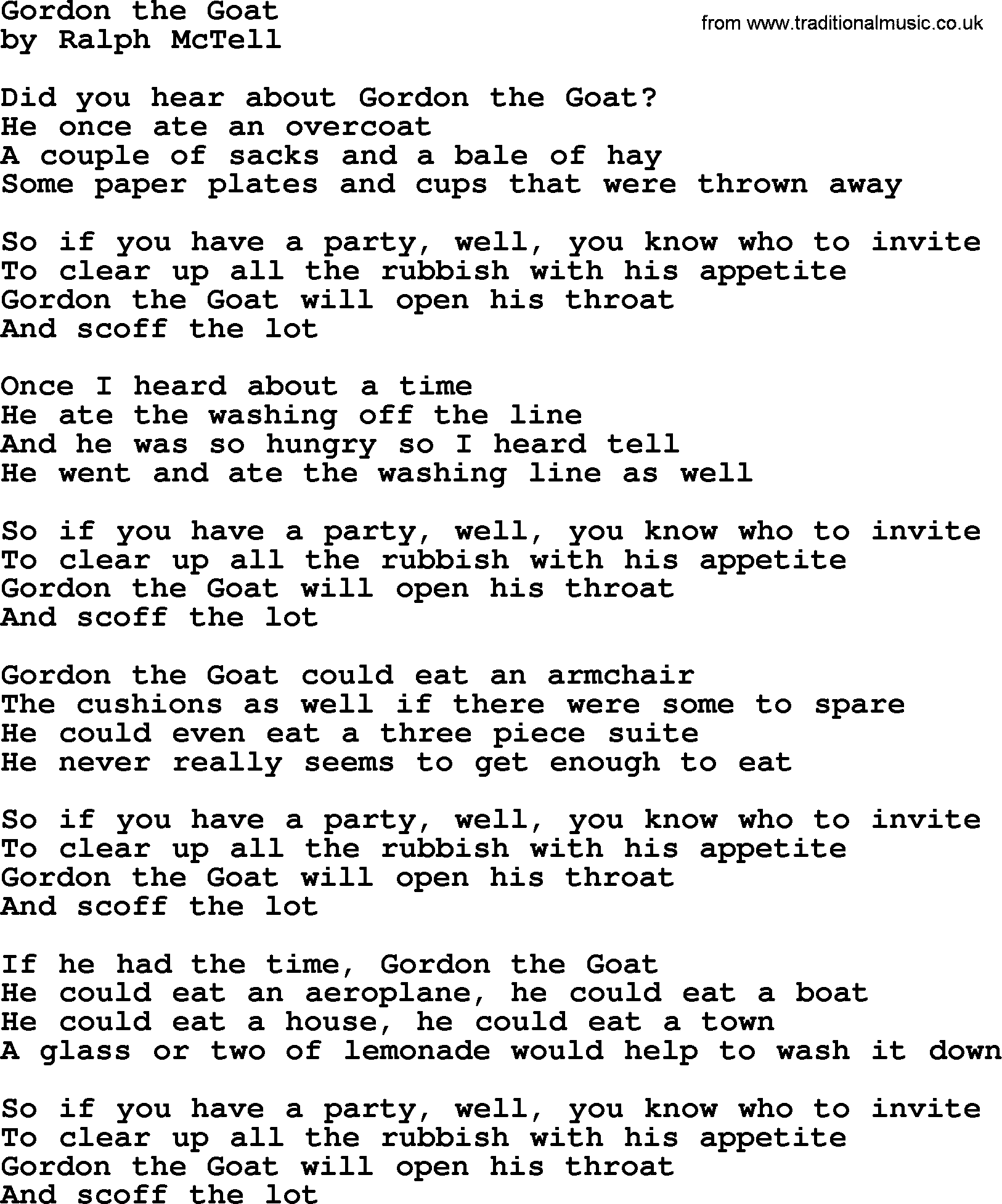Ralph McTell Song: Gordon The Goat, lyrics