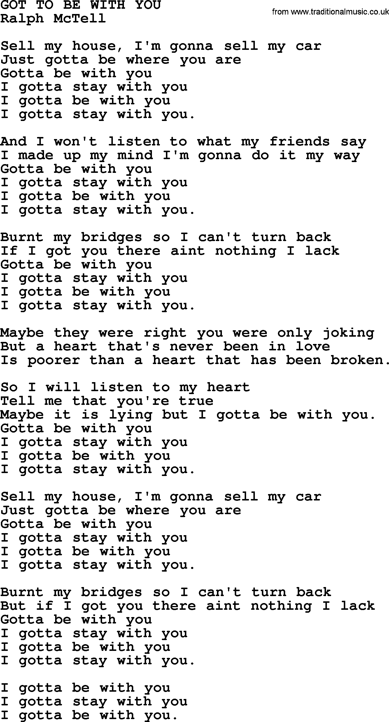 Ralph McTell Song: Got To Be With You, lyrics