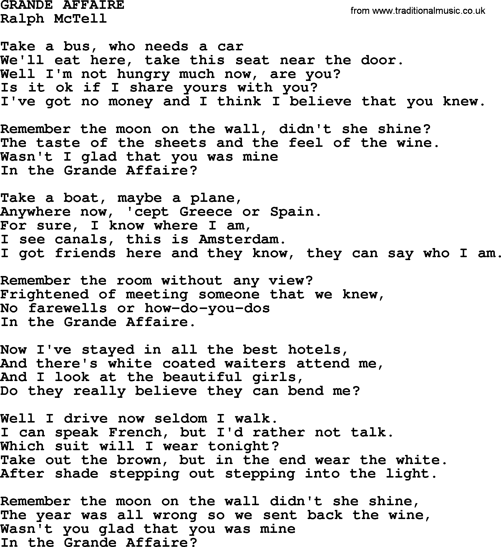 Ralph McTell Song: Grande Affaire, lyrics