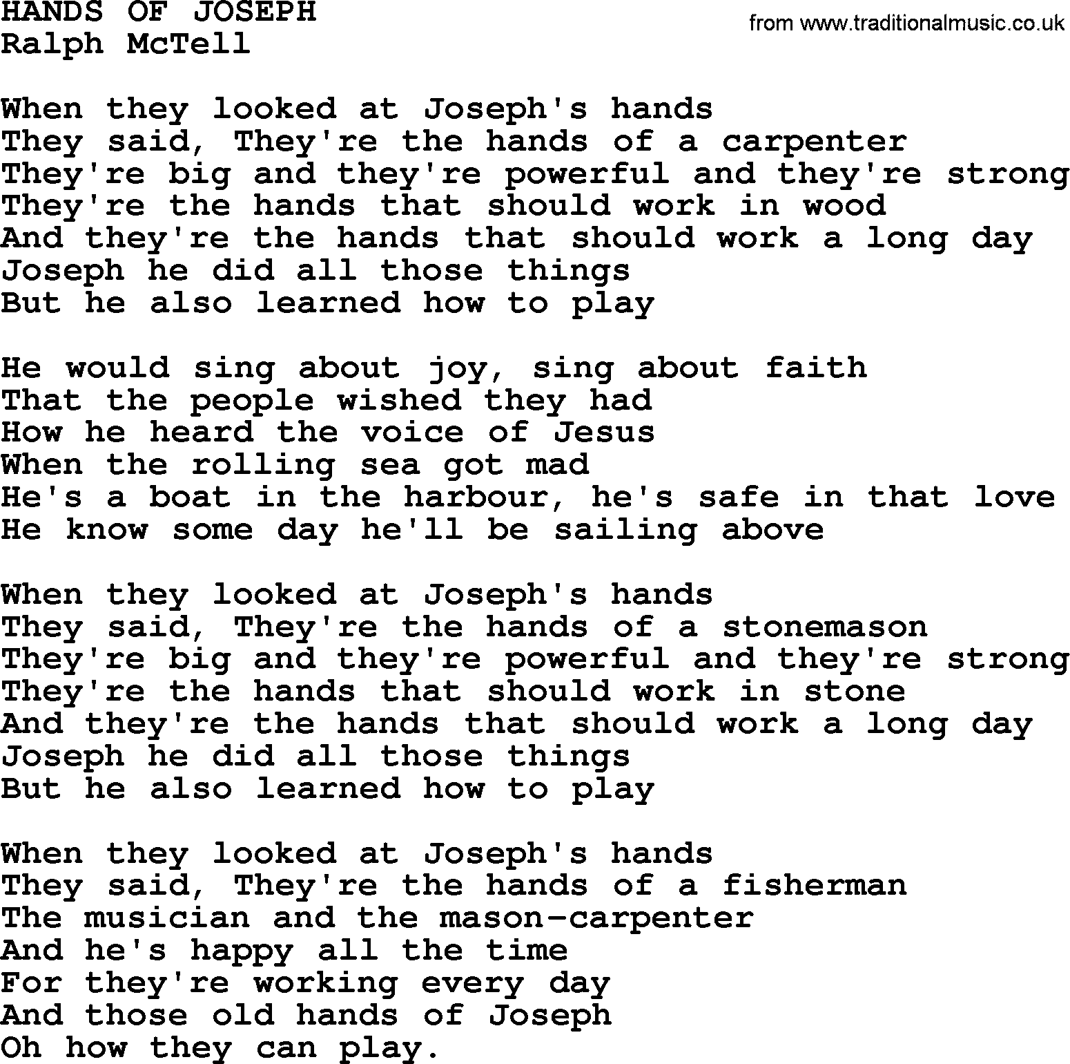 Ralph McTell Song: Hands Of Joseph, lyrics