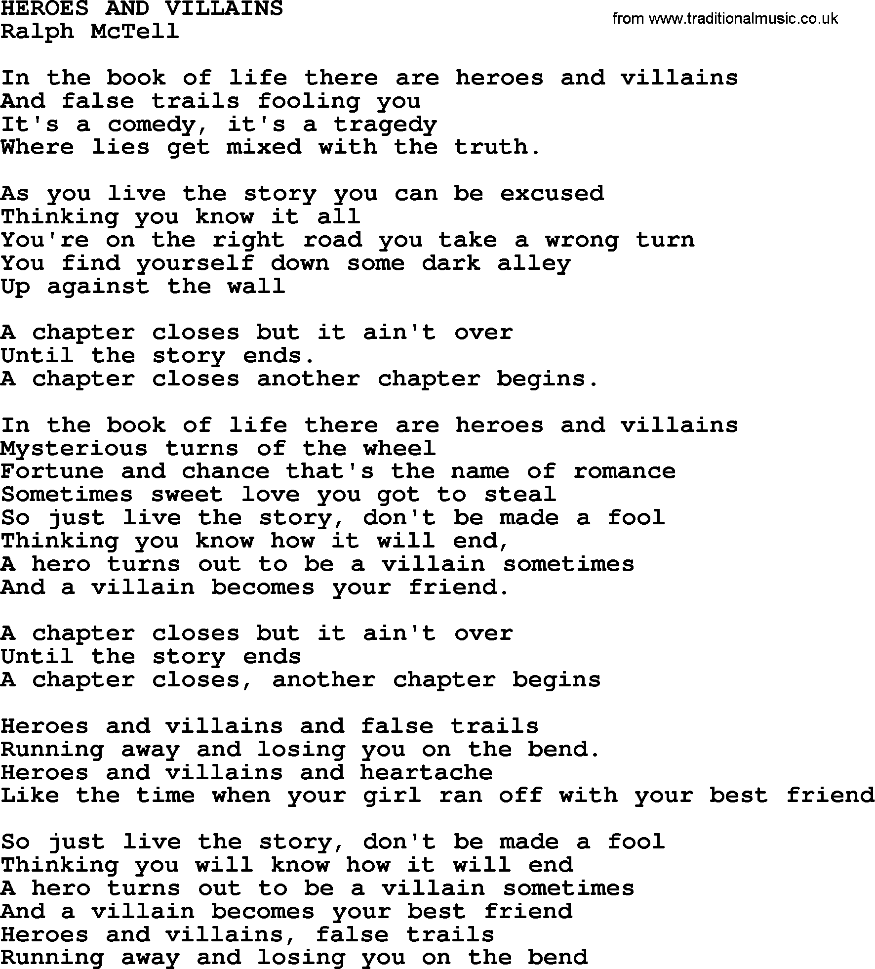 Ralph McTell Song: Heroes And Villains, lyrics