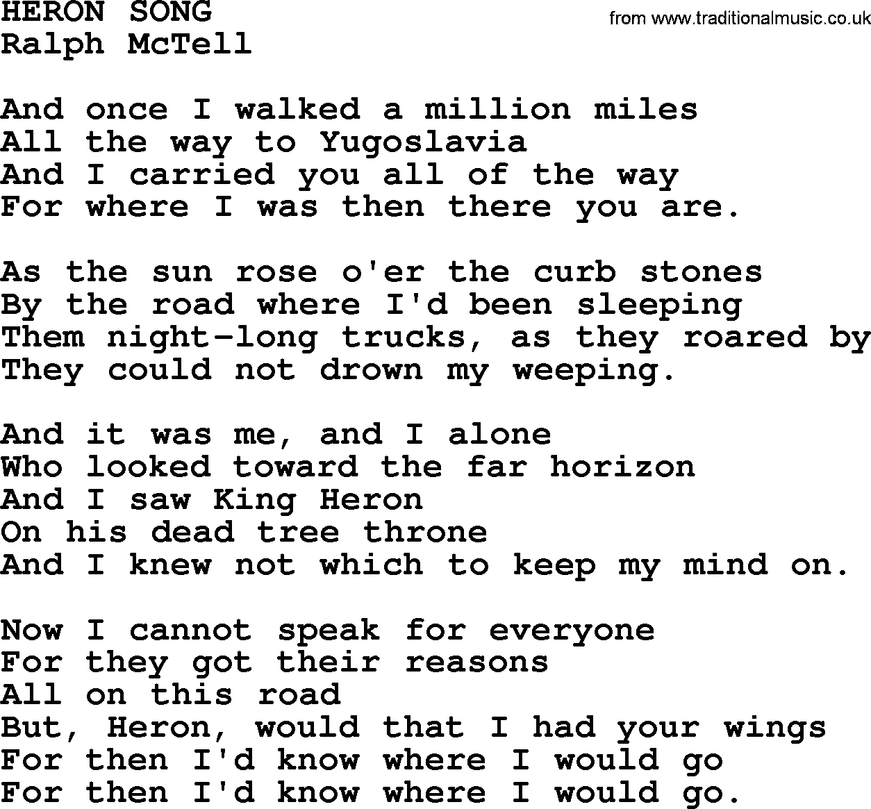 Ralph McTell Song: Heron Song, lyrics