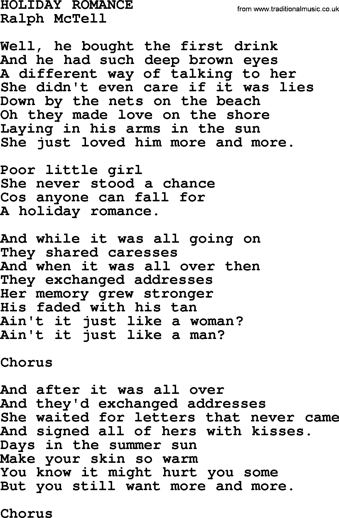 Ralph McTell Song: Holiday Romance, lyrics