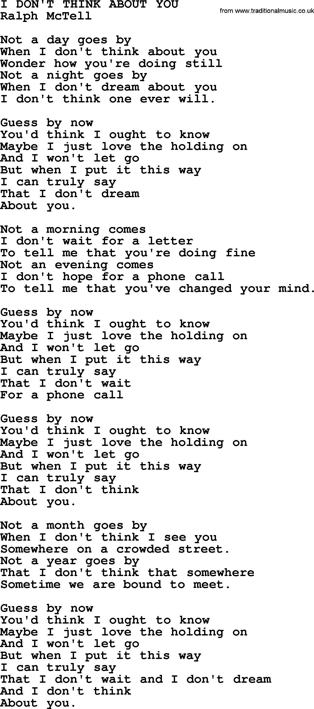 Ralph McTell Song: I Don't Think About You, lyrics