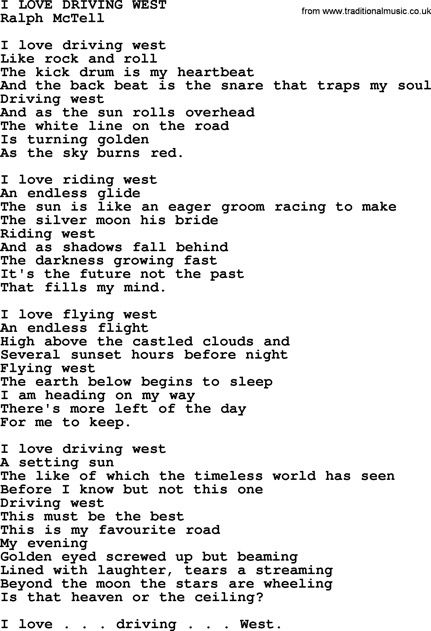 Ralph McTell Song: I Love Driving West, lyrics