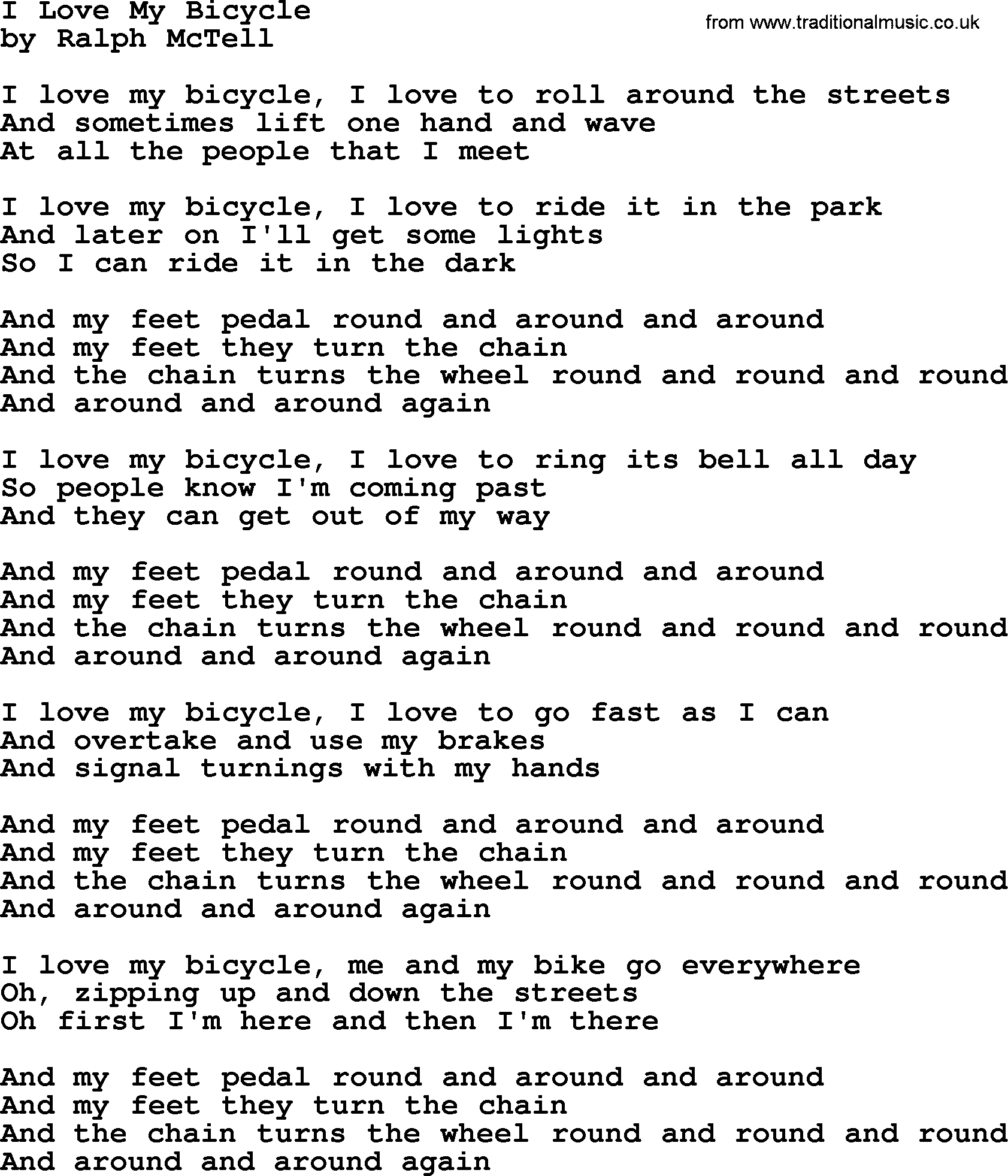 Ralph McTell Song: I Love My Bicycle, lyrics