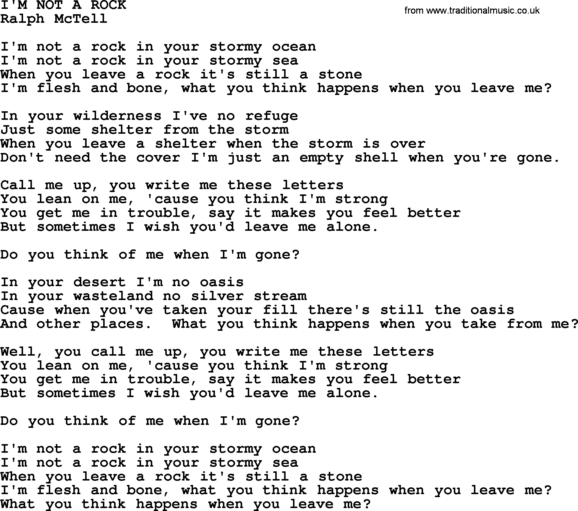 Ralph McTell Song: I'm Not A Rock, lyrics