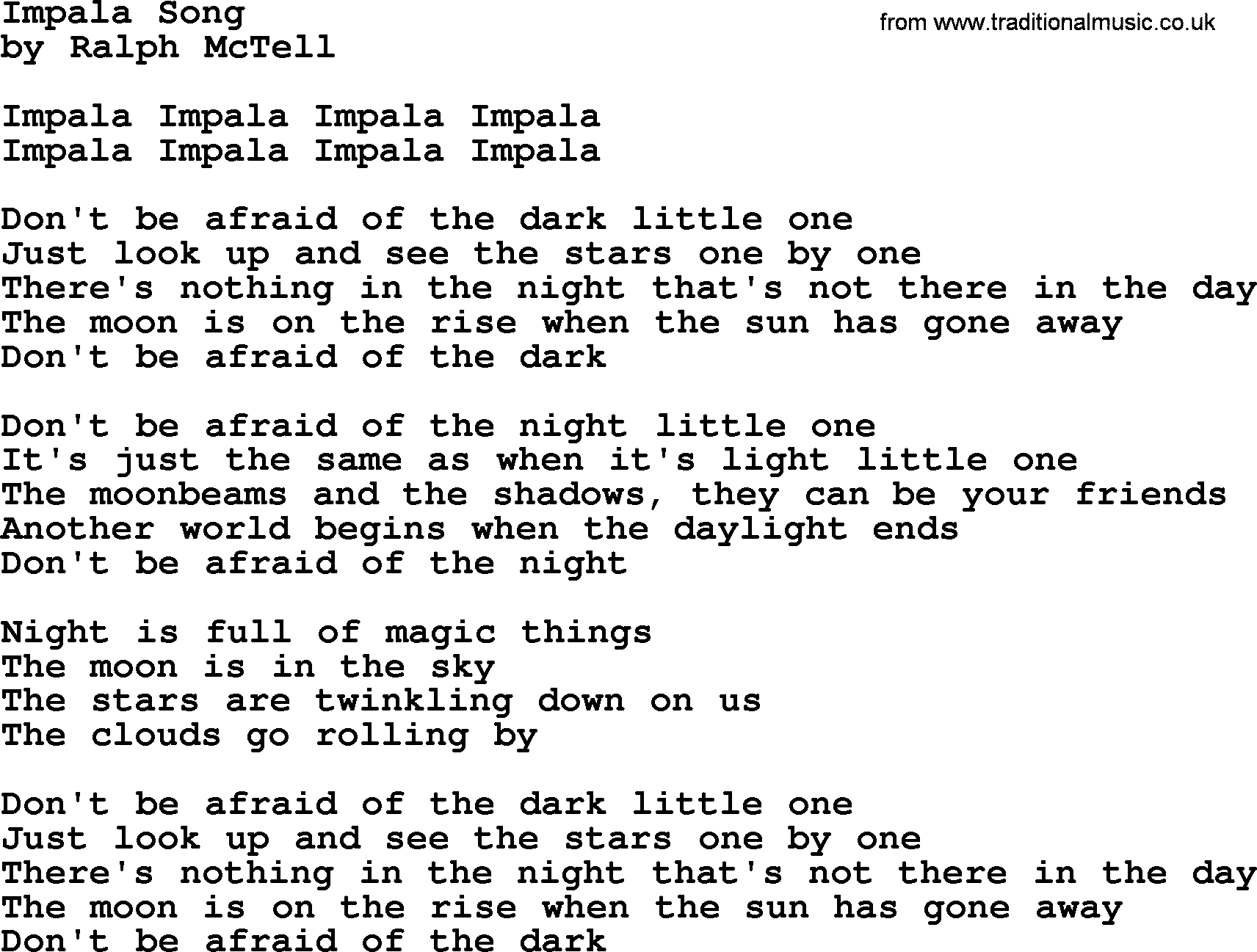 Ralph McTell Song: Impala Song, lyrics