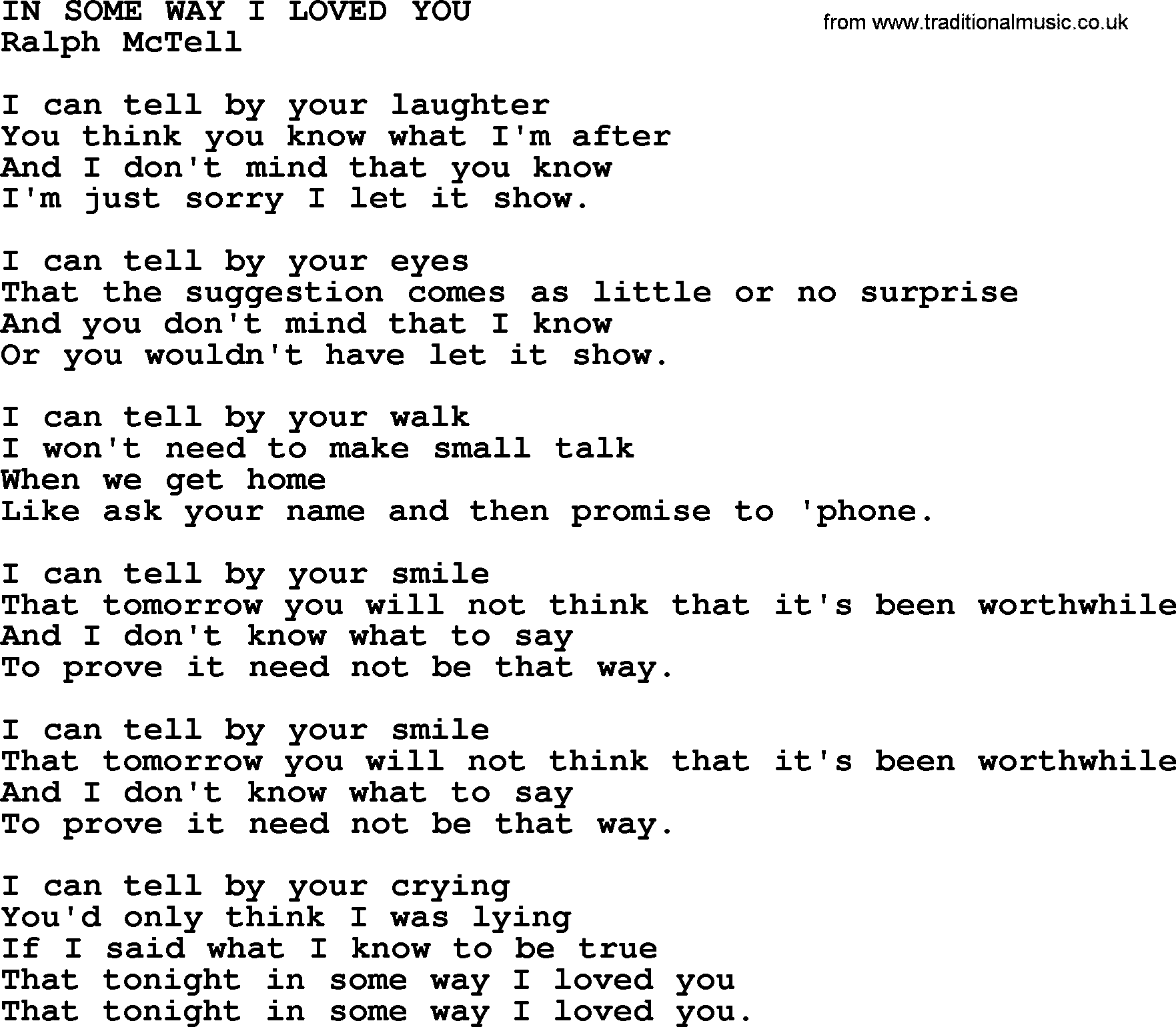 Ralph McTell Song: In Some Way I Loved You, lyrics