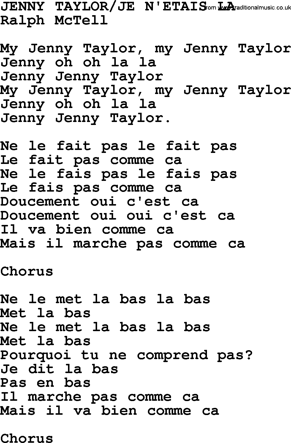 Ralph McTell Song: Jenny Taylorje N'etais La, lyrics