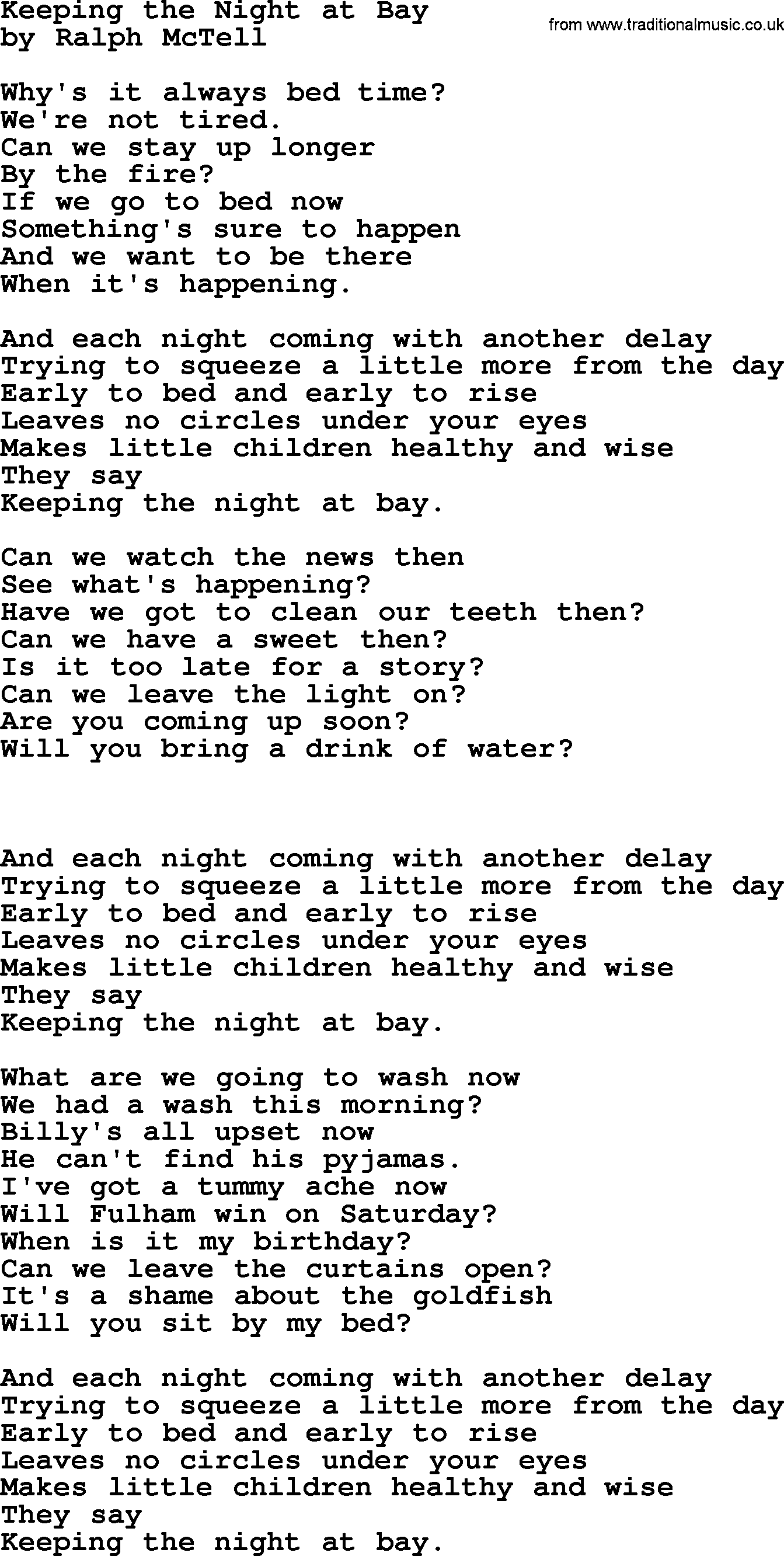 Ralph McTell Song: Keeping The Night At Bay, lyrics