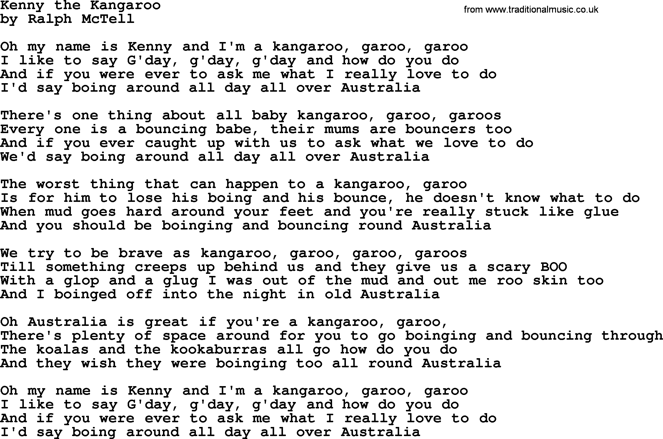 Ralph McTell Song: Kenny The Kangaroo, lyrics