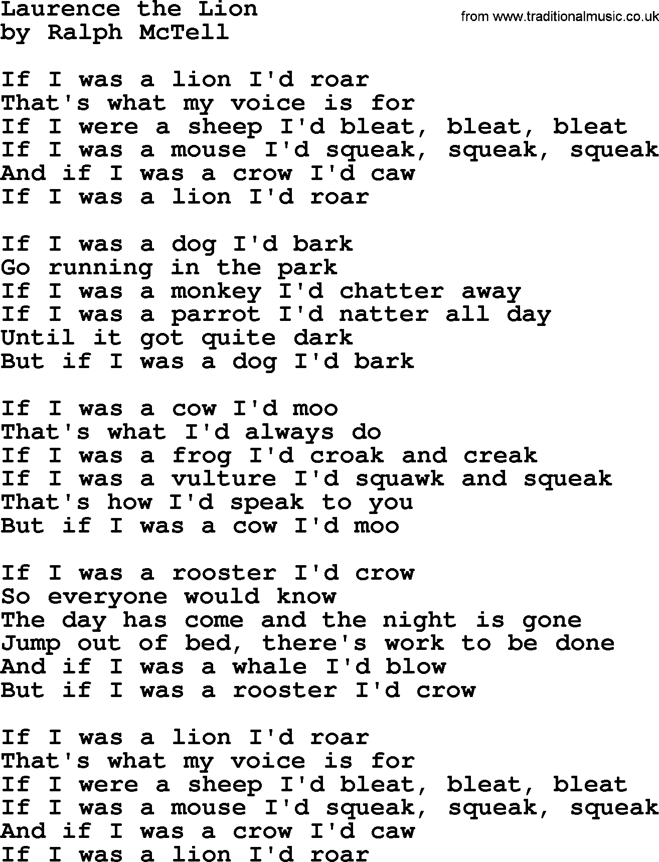 Ralph McTell Song: Laurence The Lion, lyrics