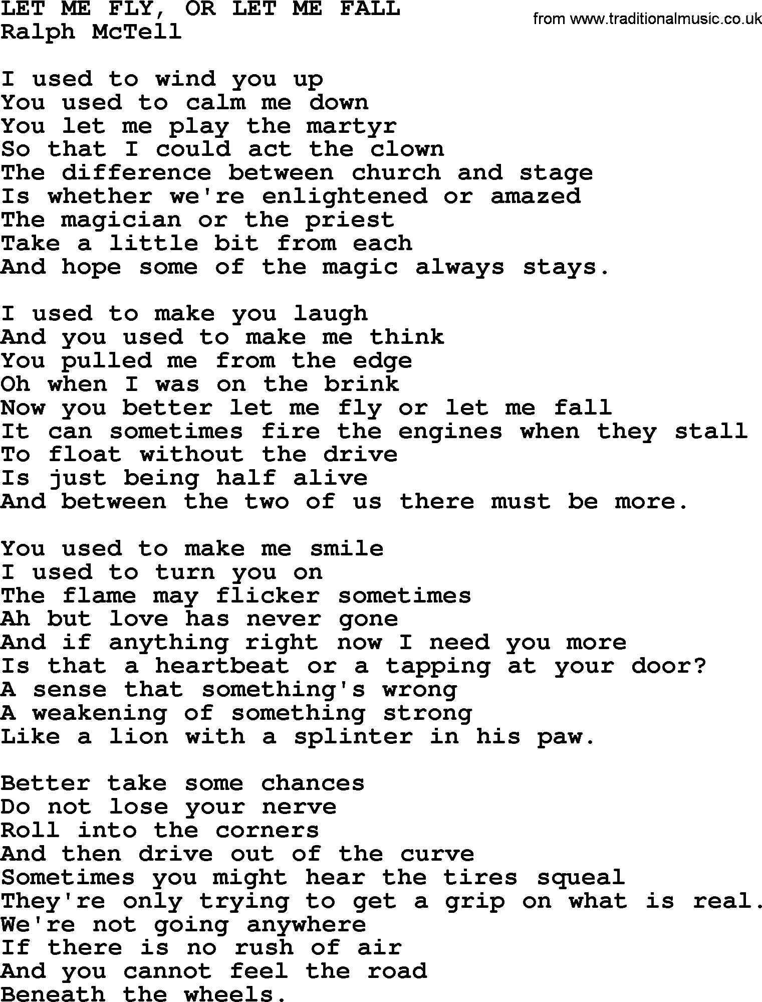 Ralph McTell Song: Let Me Fly, Or Let Me Fall, lyrics