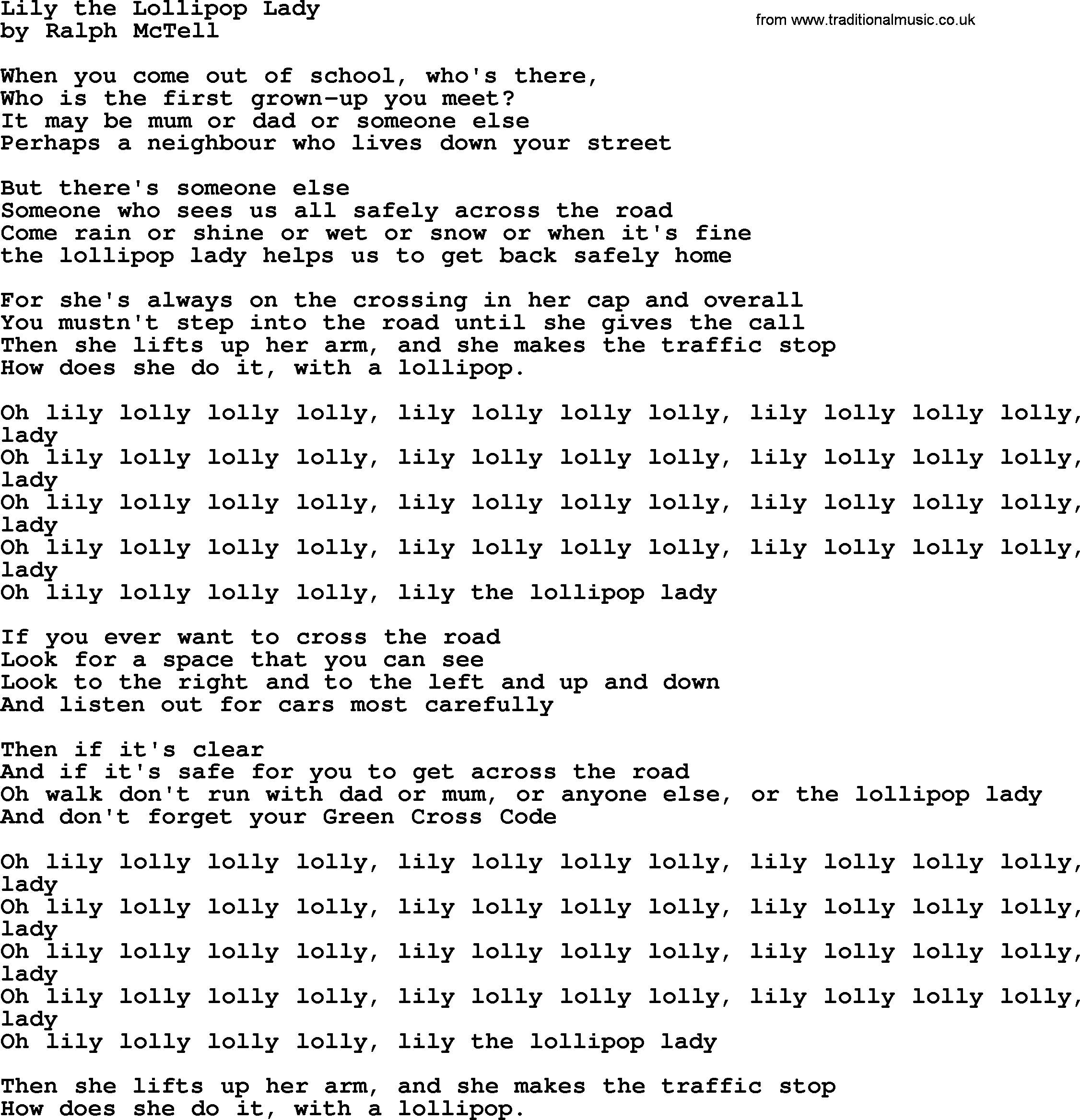 Ralph McTell Song: Lily The Lollipop Lady, lyrics