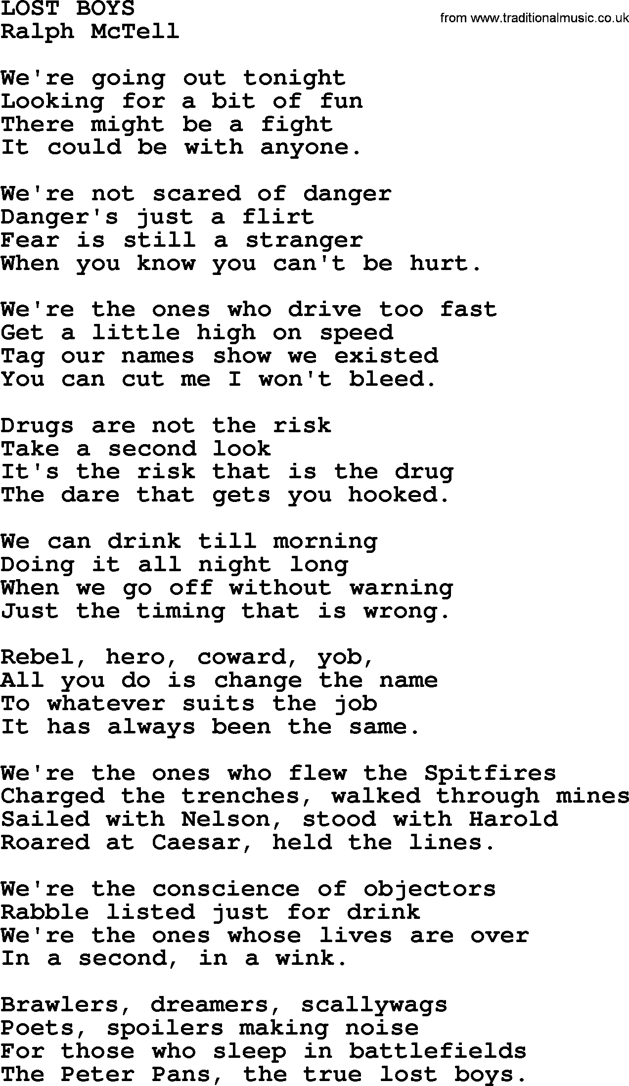 Ralph McTell Song: Lost Boys, lyrics