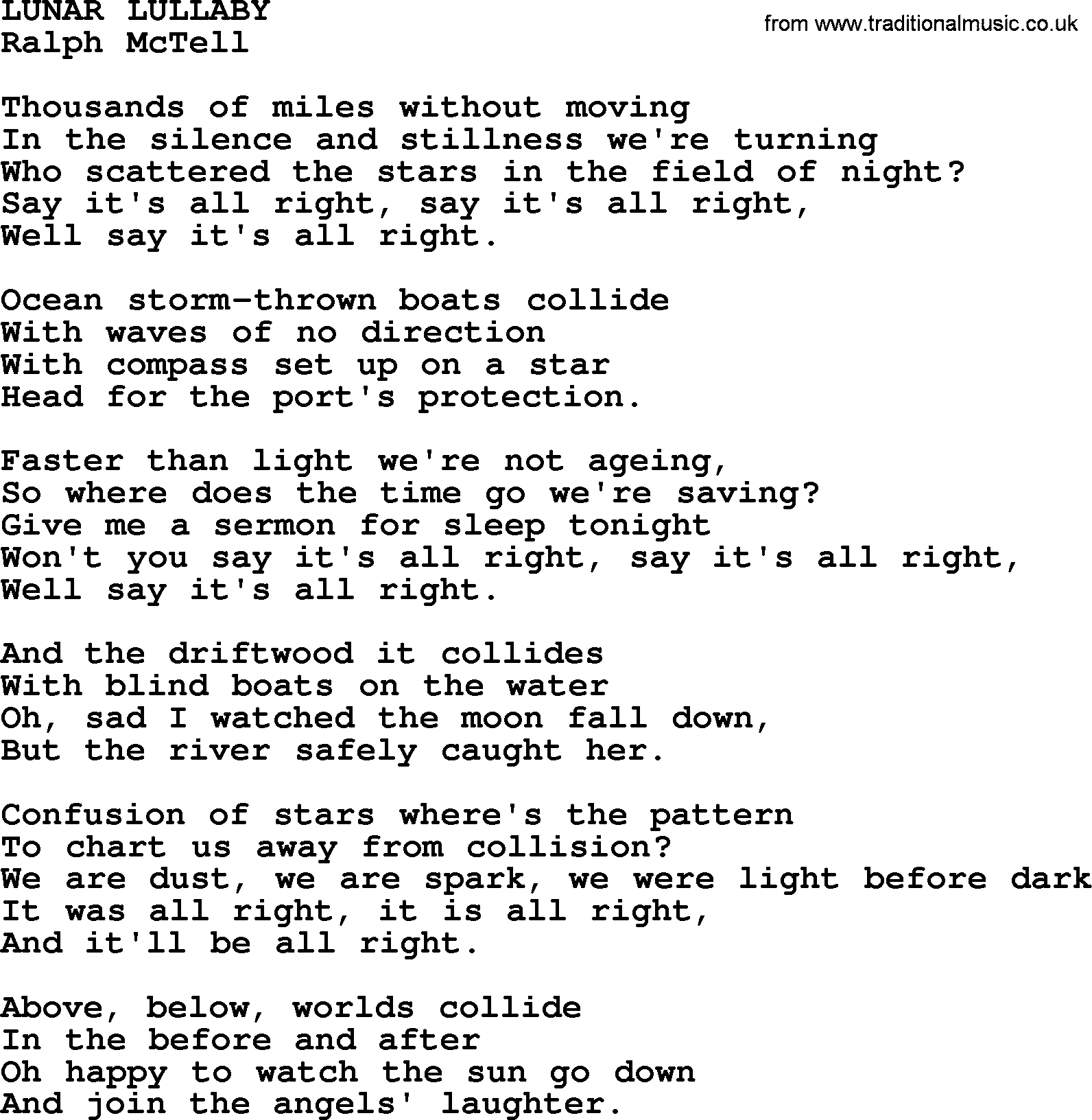 Ralph McTell Song: Lunar Lullaby, lyrics