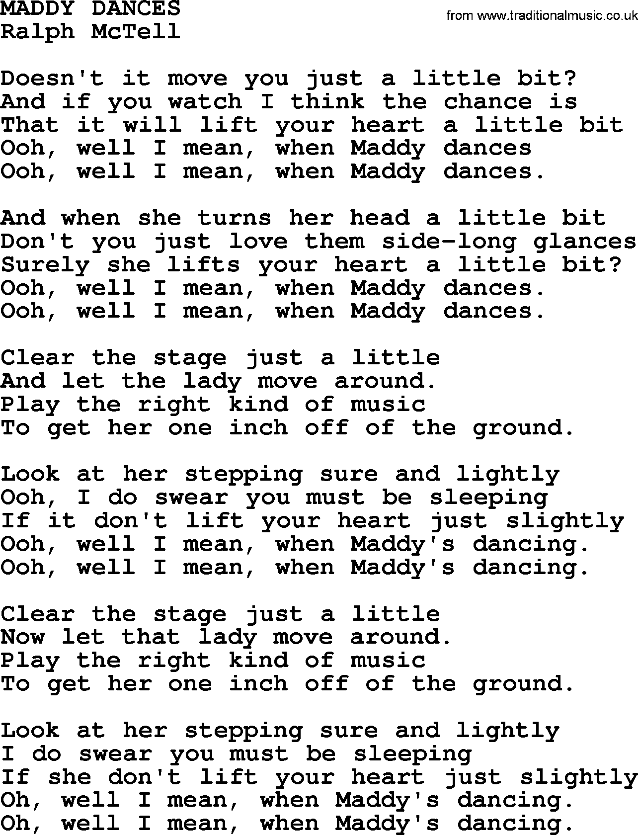 Ralph McTell Song: Maddy Dances, lyrics