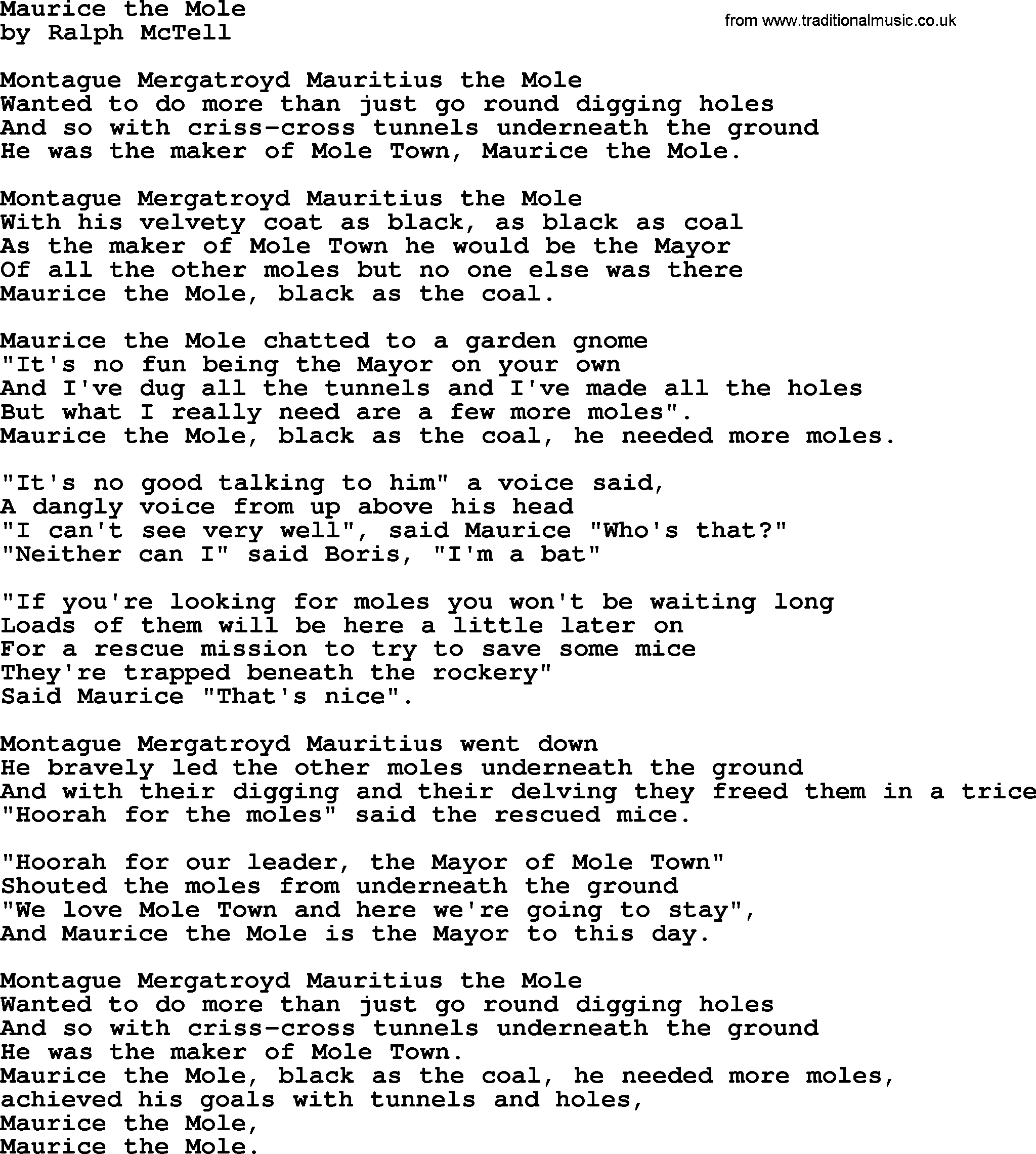 Ralph McTell Song: Maurice The Mole, lyrics