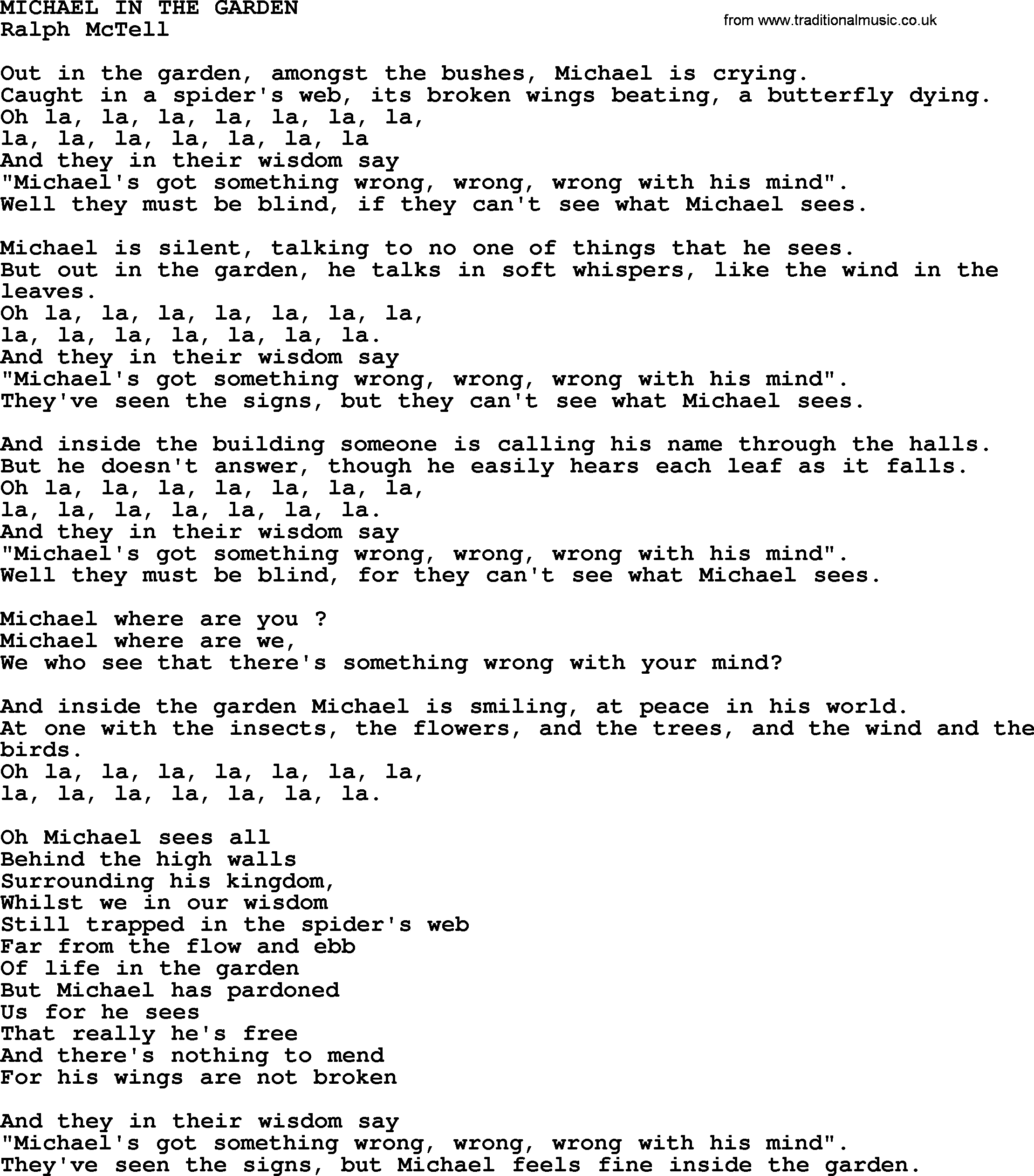 Ralph McTell Song: Michael In The Garden, lyrics