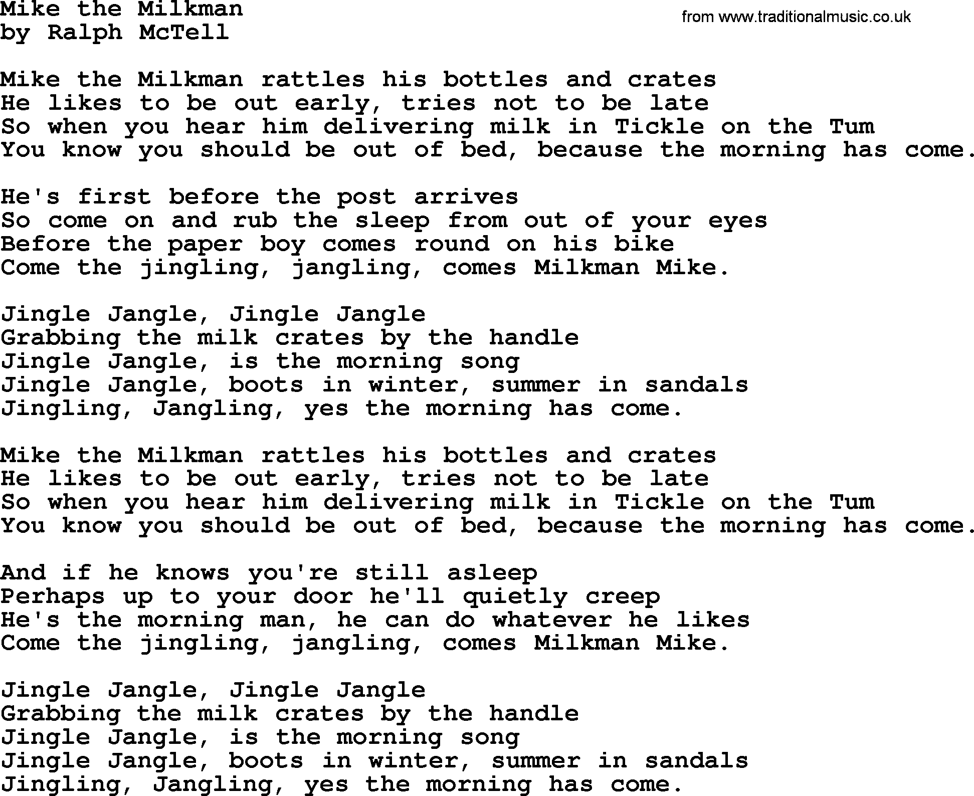 Ralph McTell Song: Mike The Milkman, lyrics