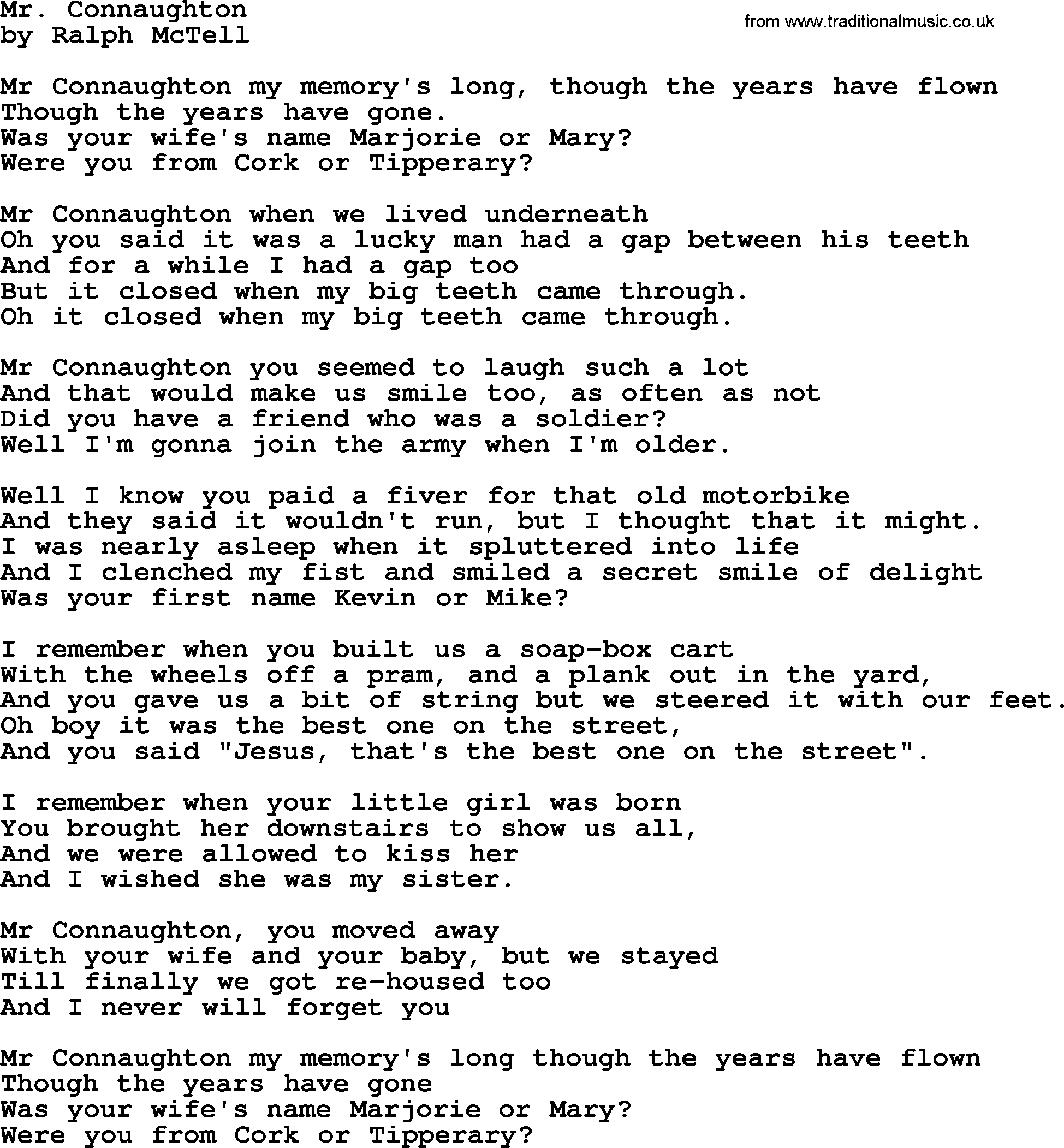 Ralph McTell Song: Mr. Connaughton, lyrics