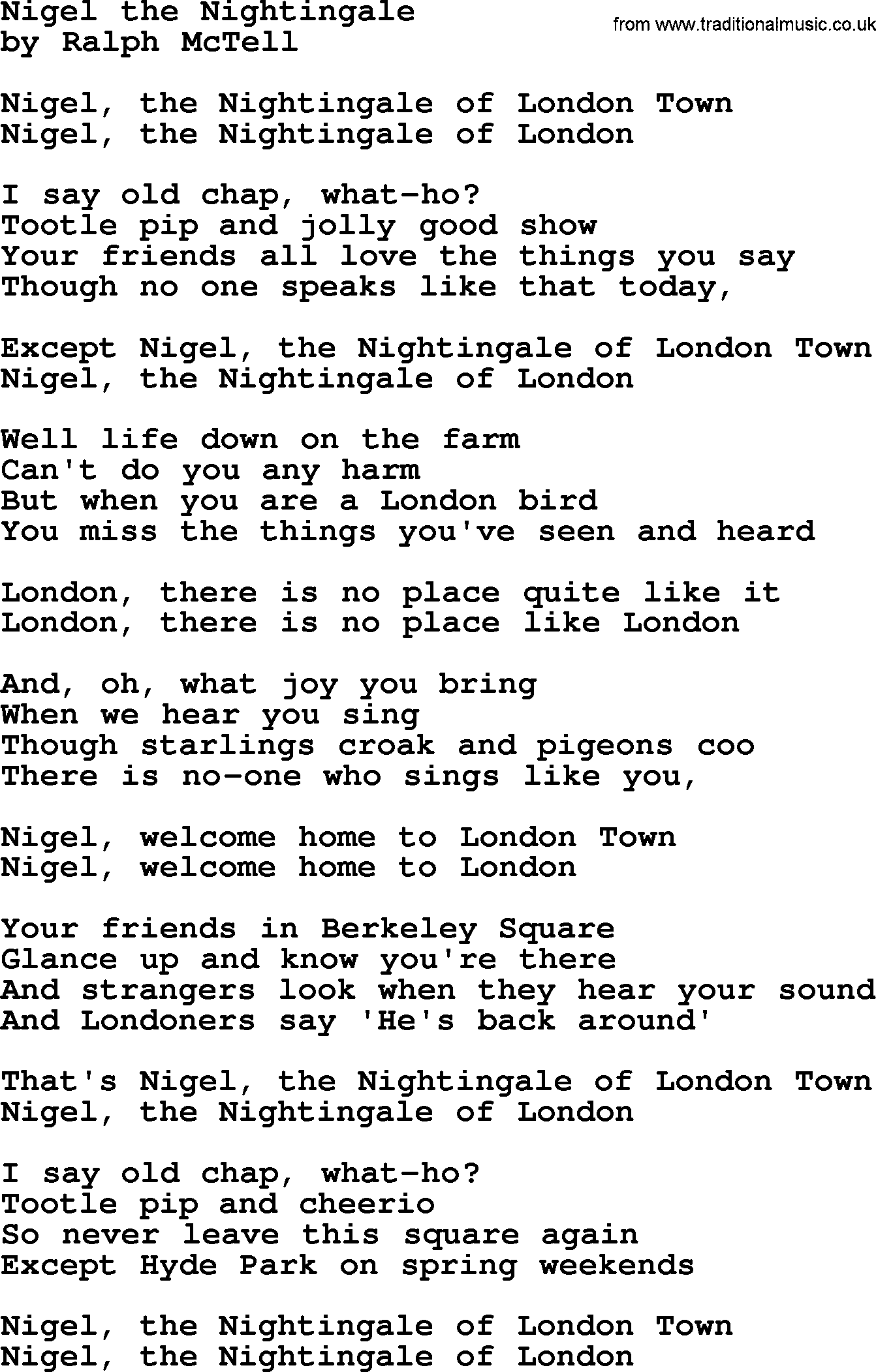 Ralph McTell Song: Nigel The Nightingale, lyrics