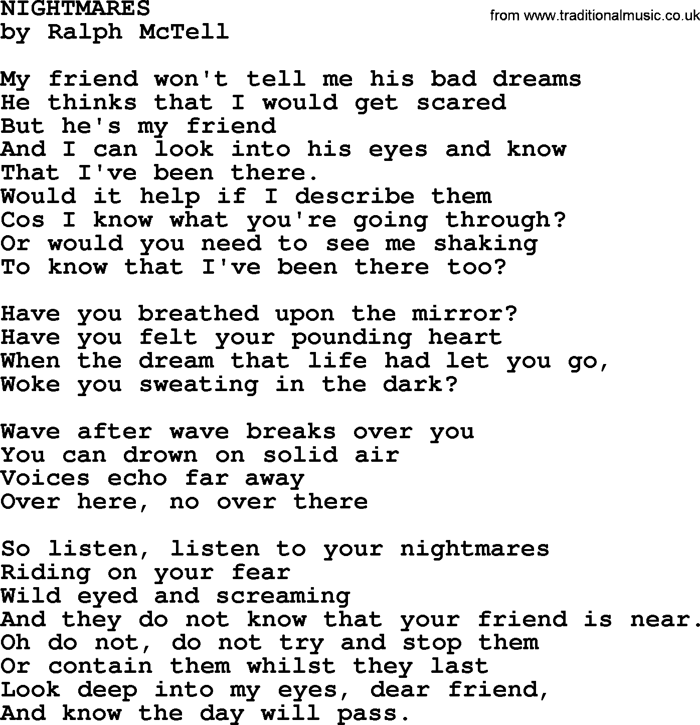 Ralph McTell Song: Nightmares, lyrics