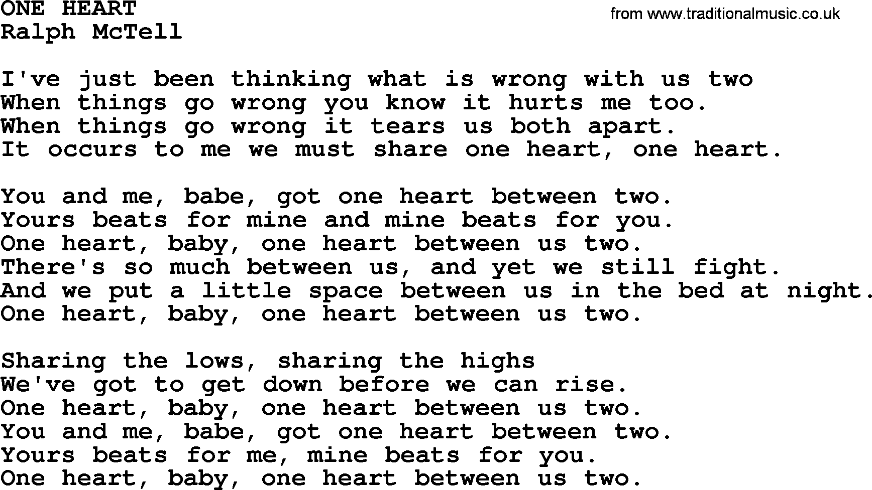 Ralph McTell Song: One Heart, lyrics