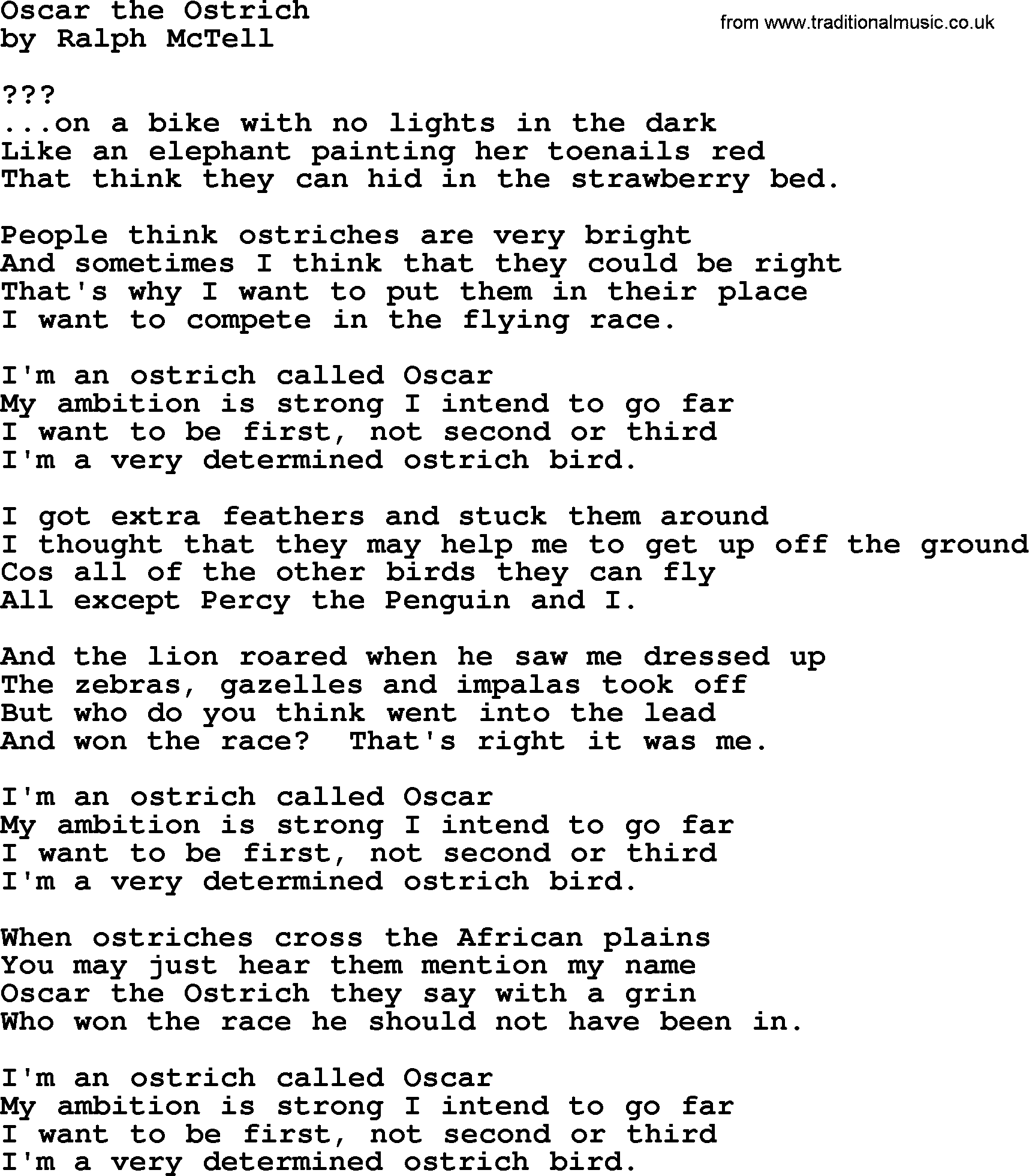 Ralph McTell Song: Oscar The Ostrich, lyrics