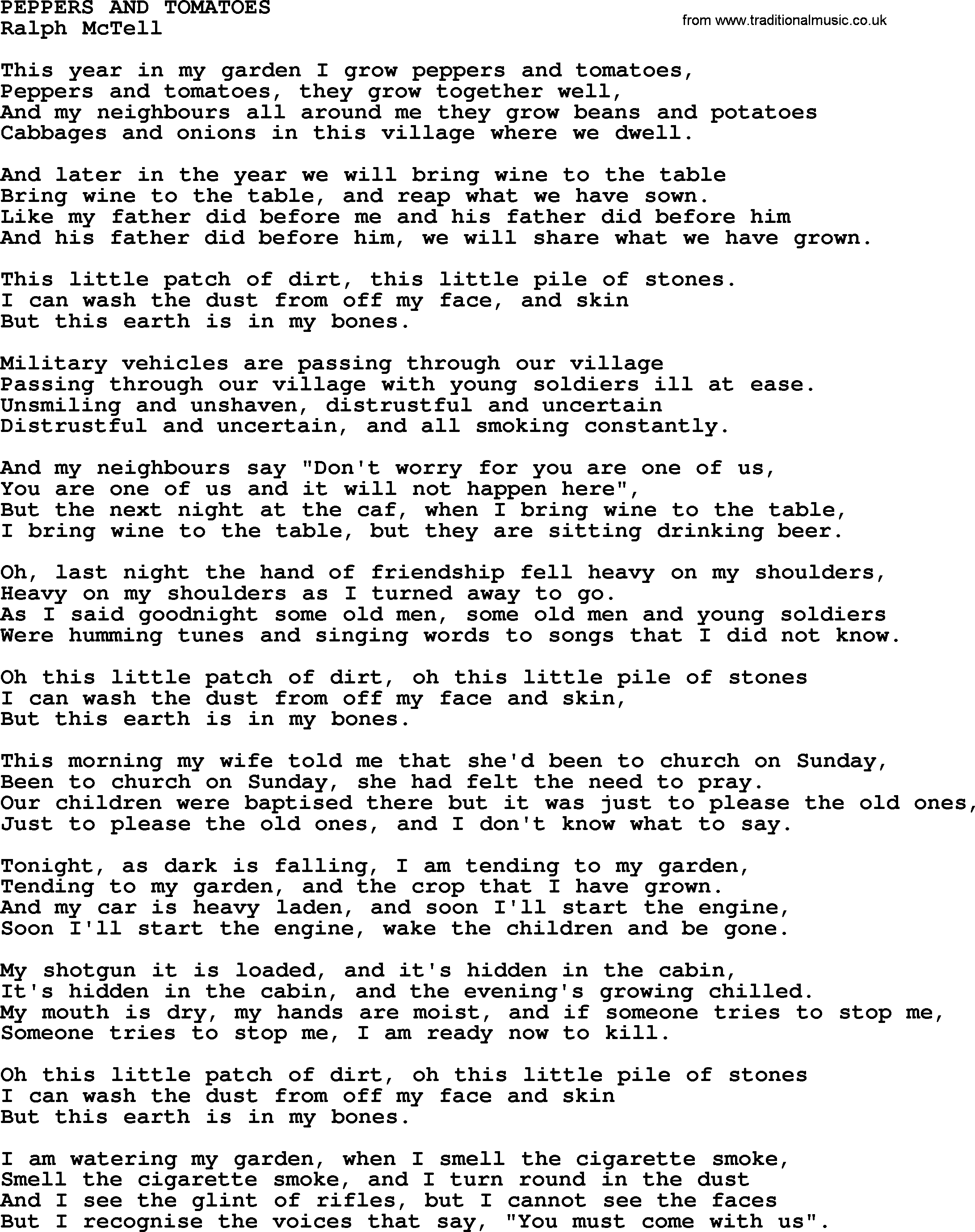 Peppers And Tomatoes Txt By Ralph Mctell Lyrics And Chords