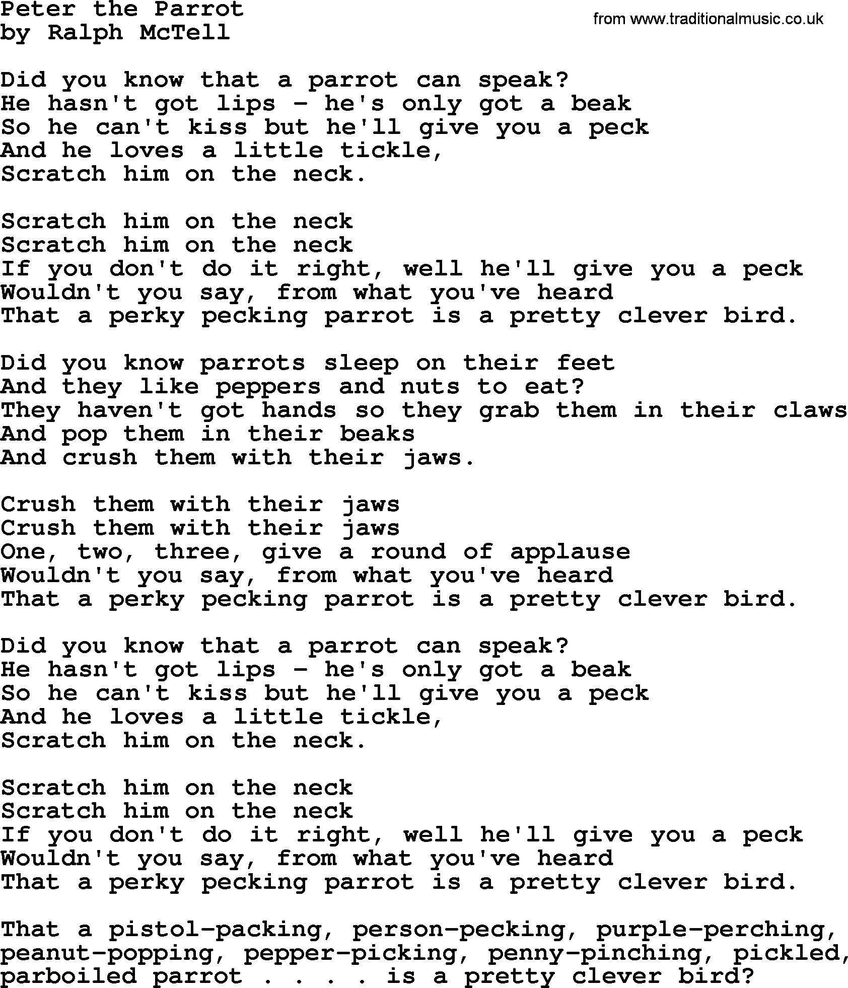 Peter The Parrot Txt By Ralph Mctell Lyrics And Chords