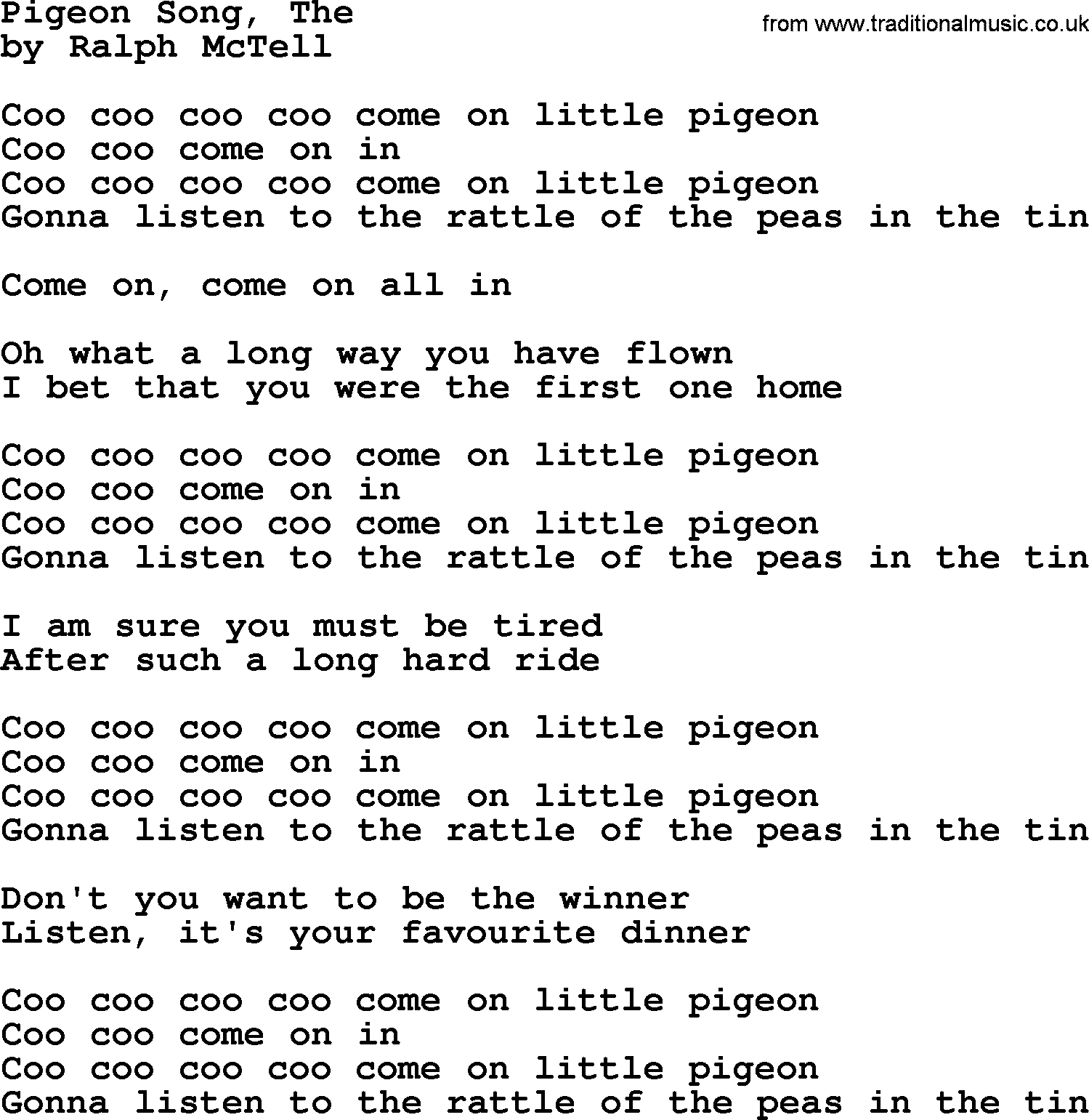 Ralph McTell Song: Pigeon Song, The, lyrics