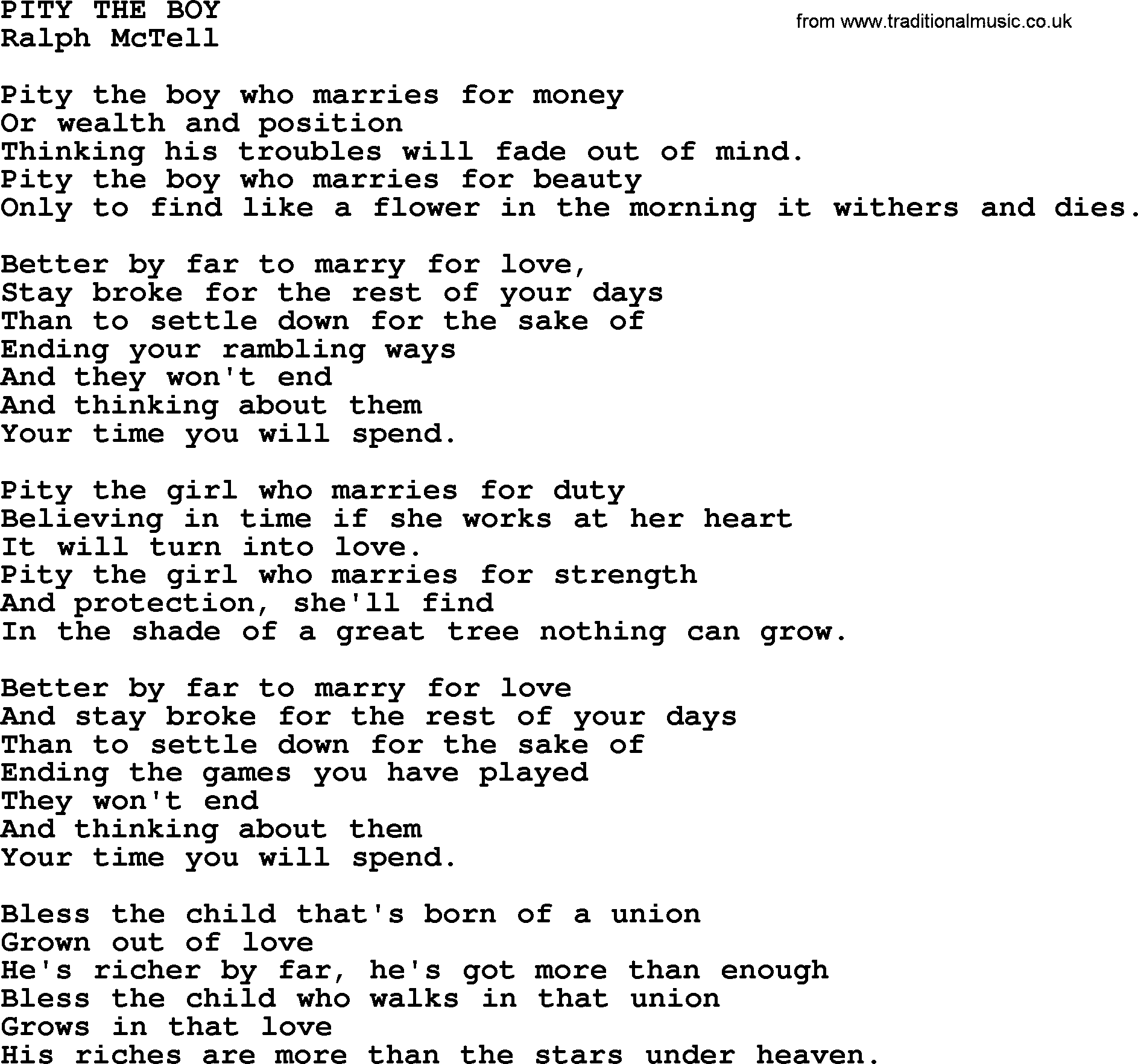 Ralph McTell Song: Pity The Boy, lyrics