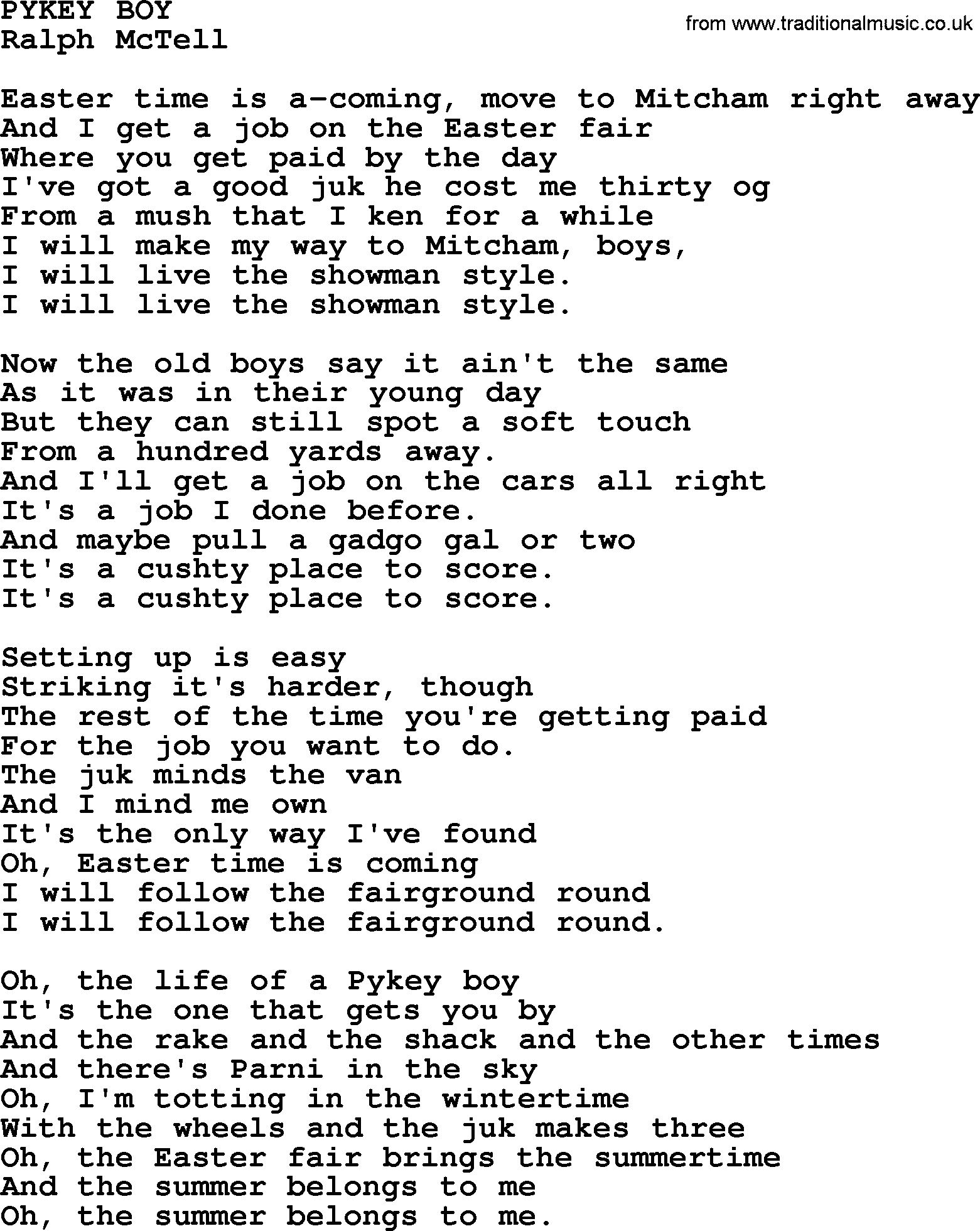Ralph McTell Song: Pykey Boy, lyrics