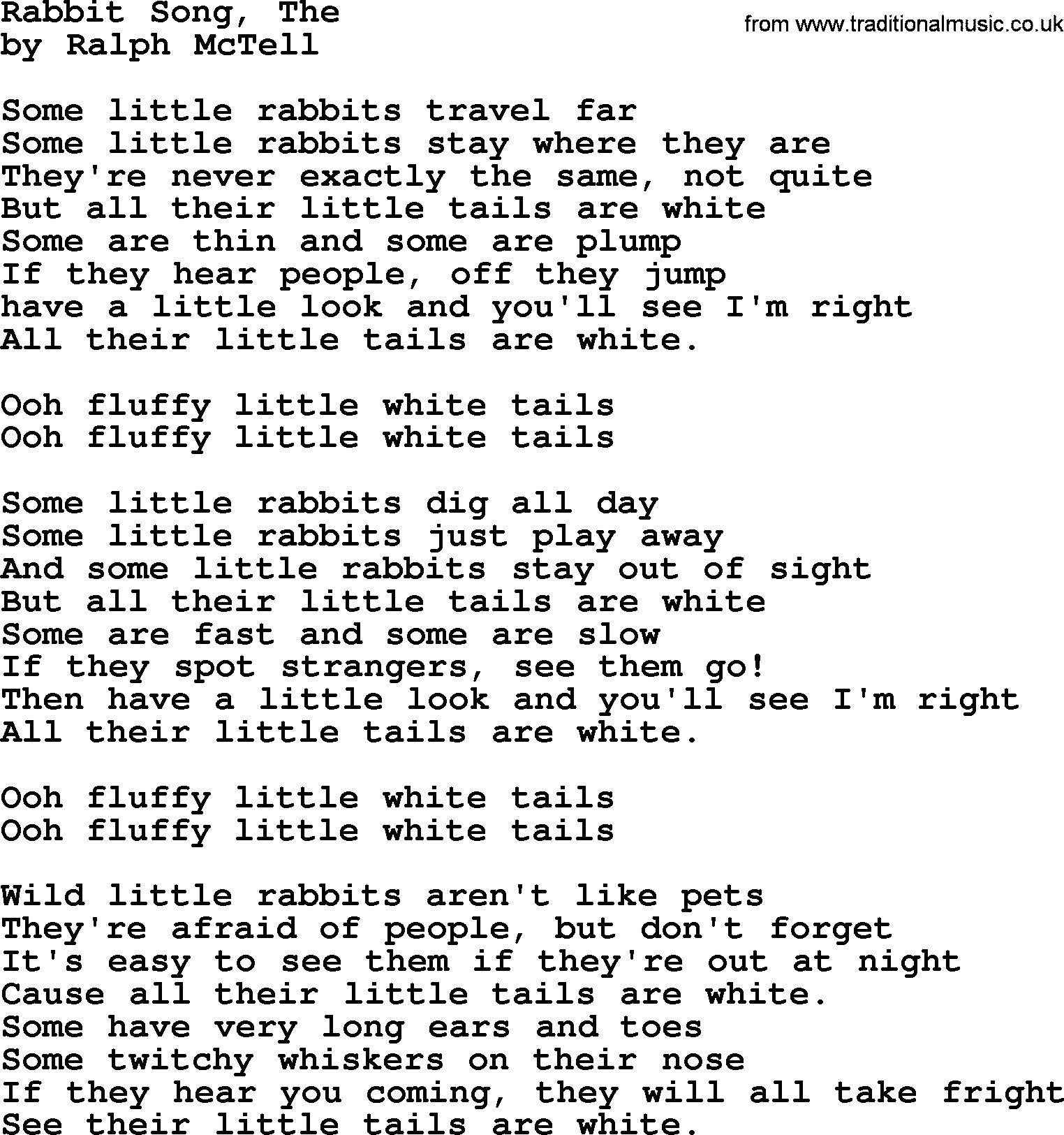 Ralph McTell Song: Rabbit Song, The, lyrics