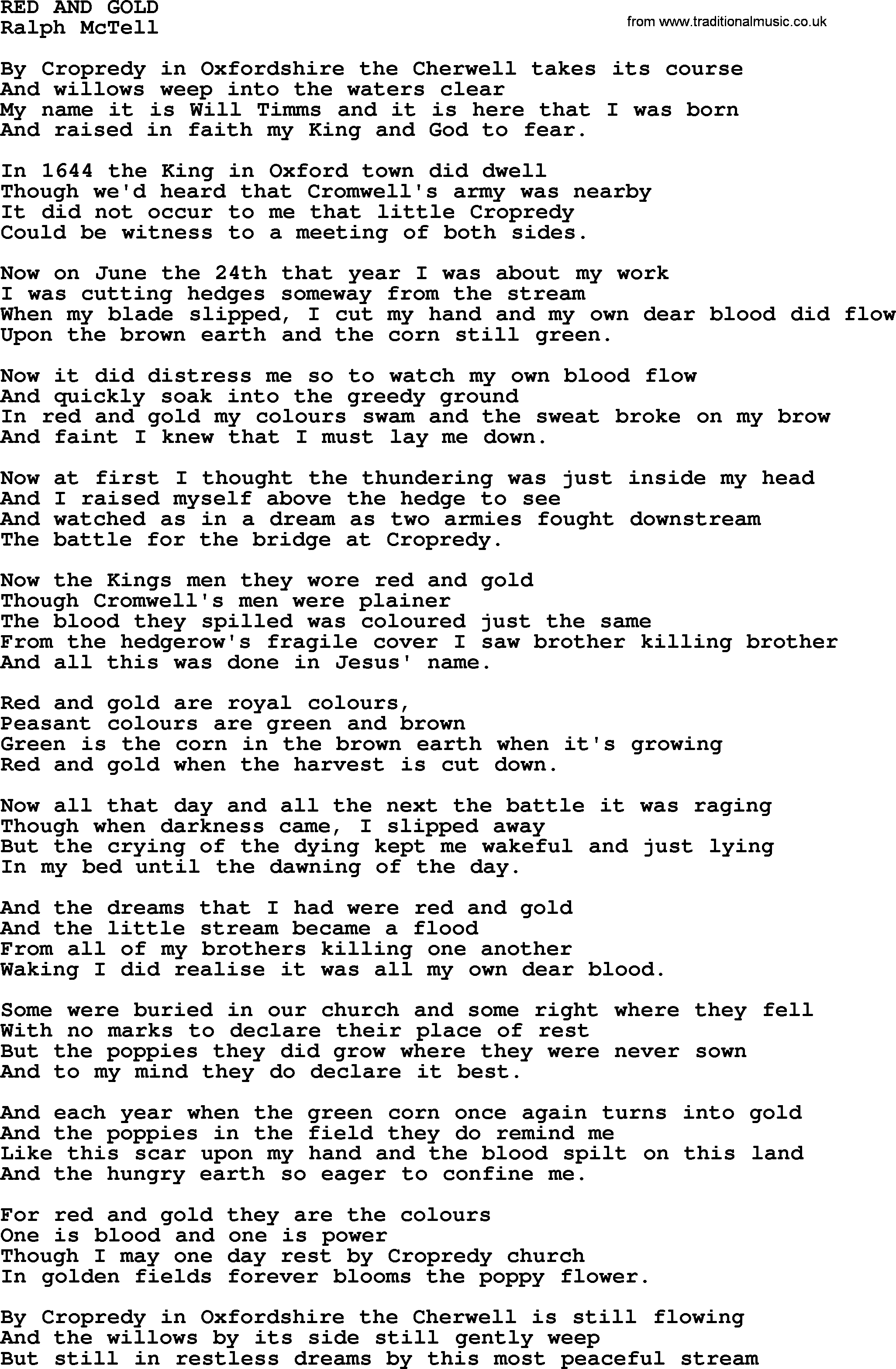 Ralph McTell Song: Red And Gold, lyrics
