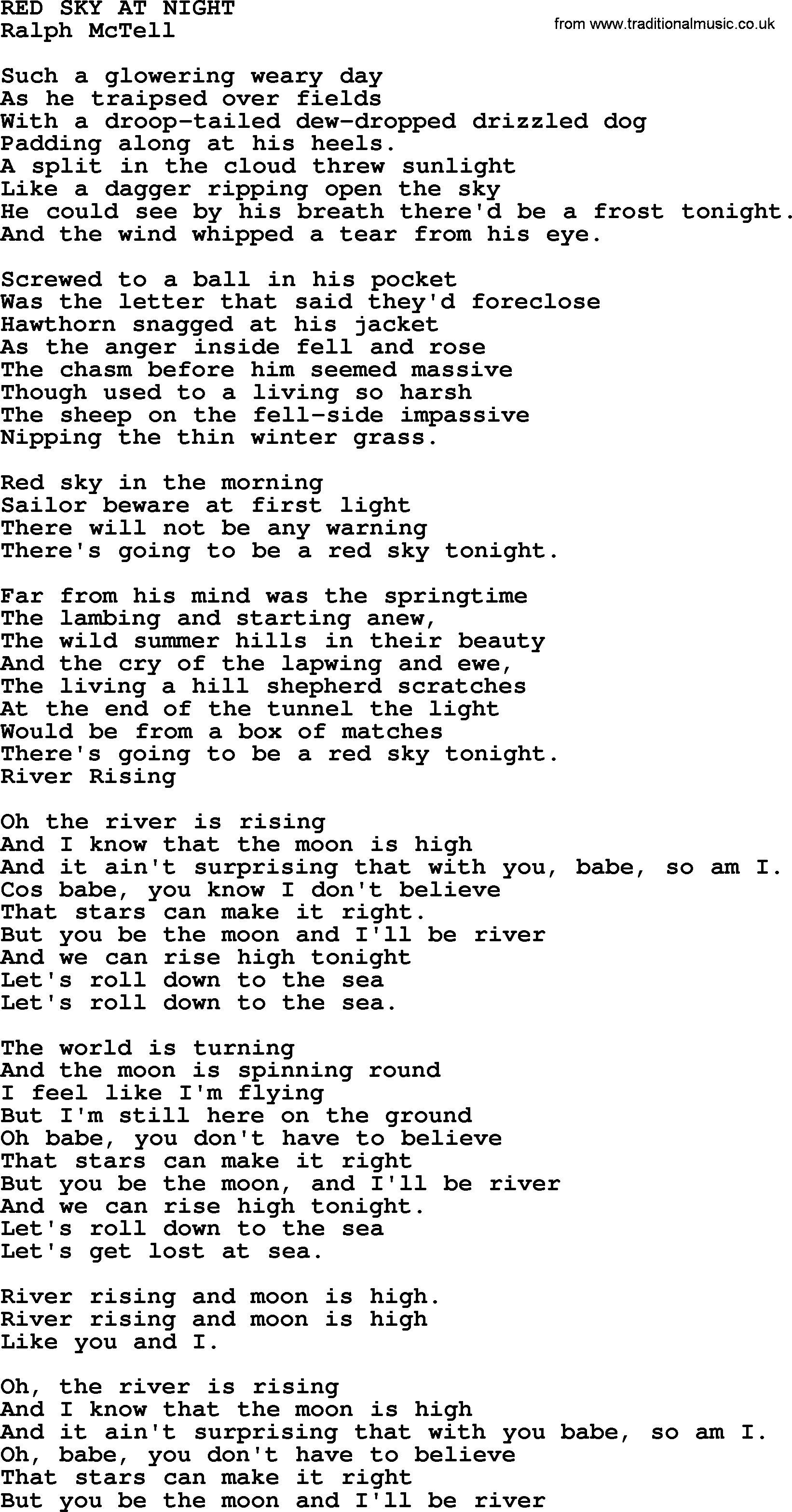 Ralph McTell Song: Red Sky At Night, lyrics
