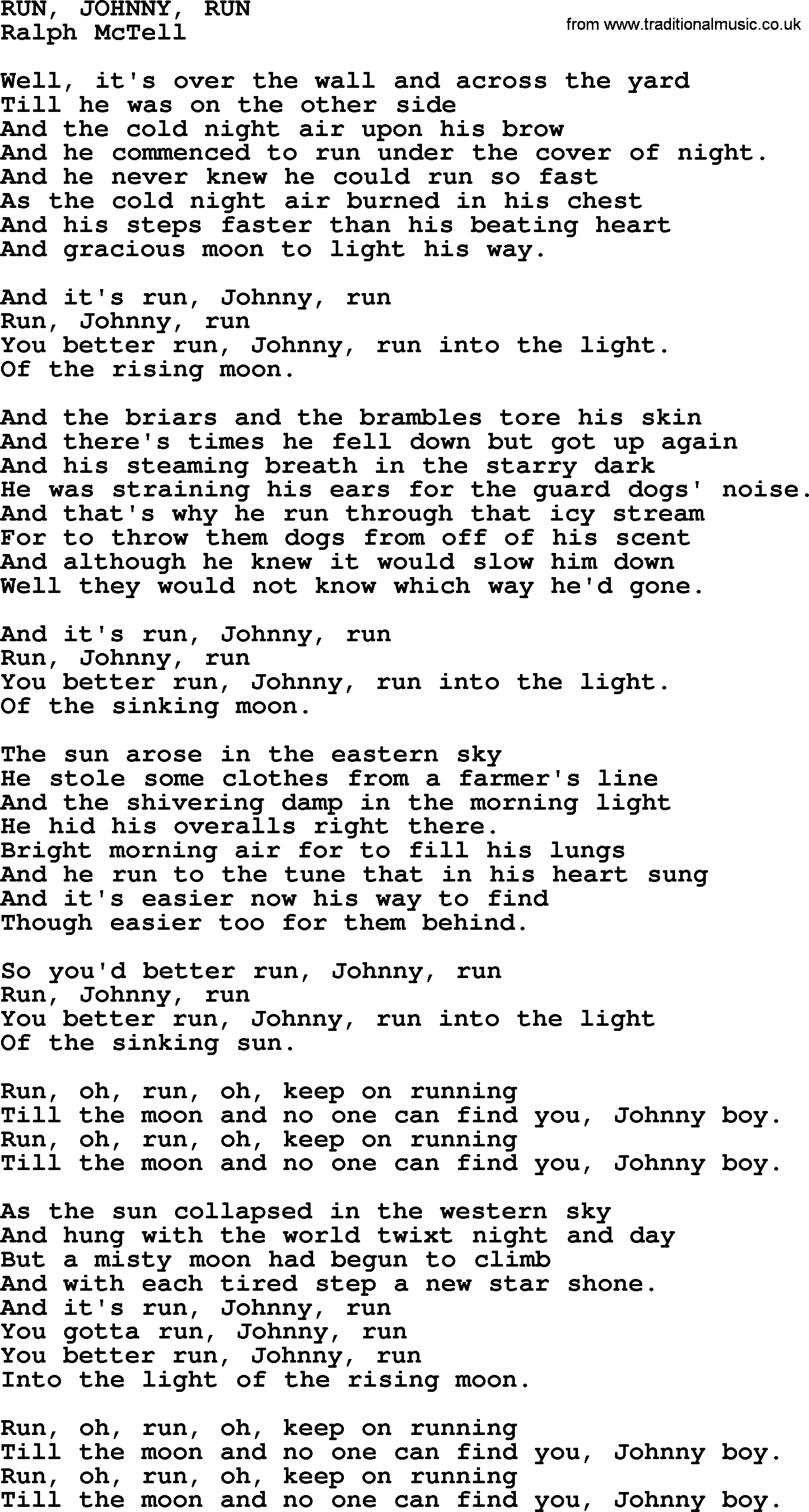 Ralph McTell Song: Run, Johnny, Run, lyrics