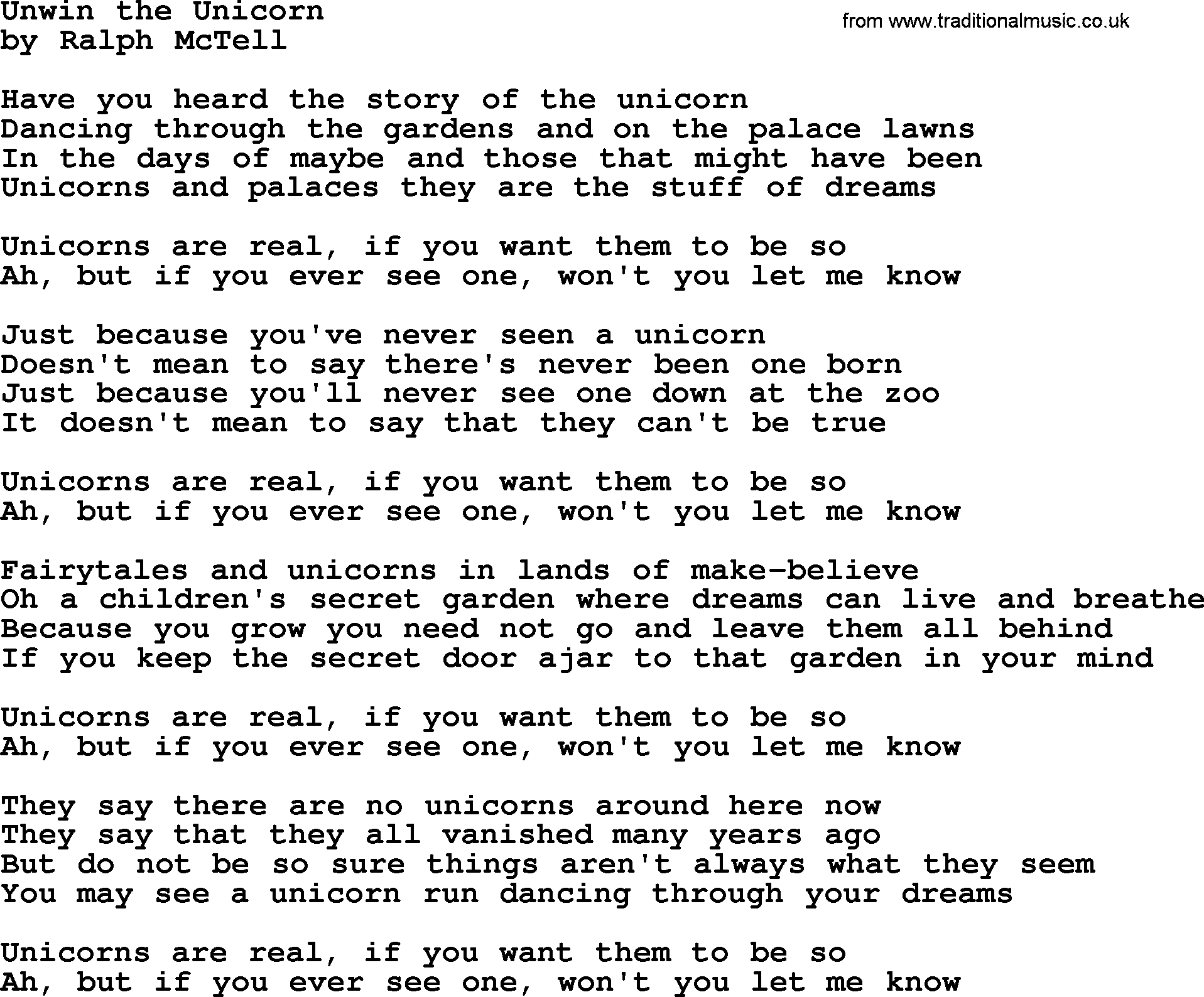 Informeer eetbaar Hiel Unwin The Unicorn.txt - by Ralph McTell lyrics and chords