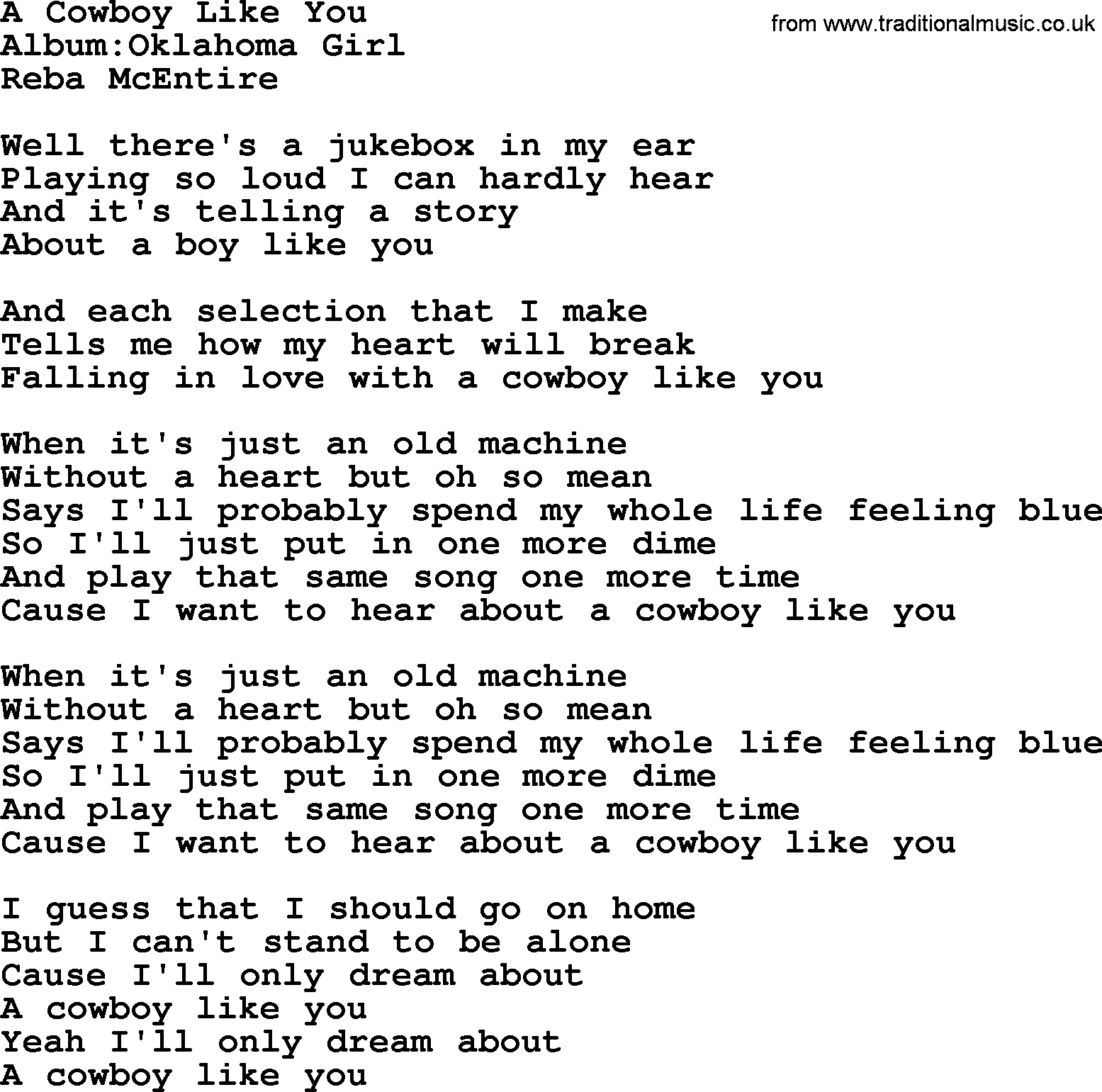 Reba McEntire song: A Cowboy Like You lyrics