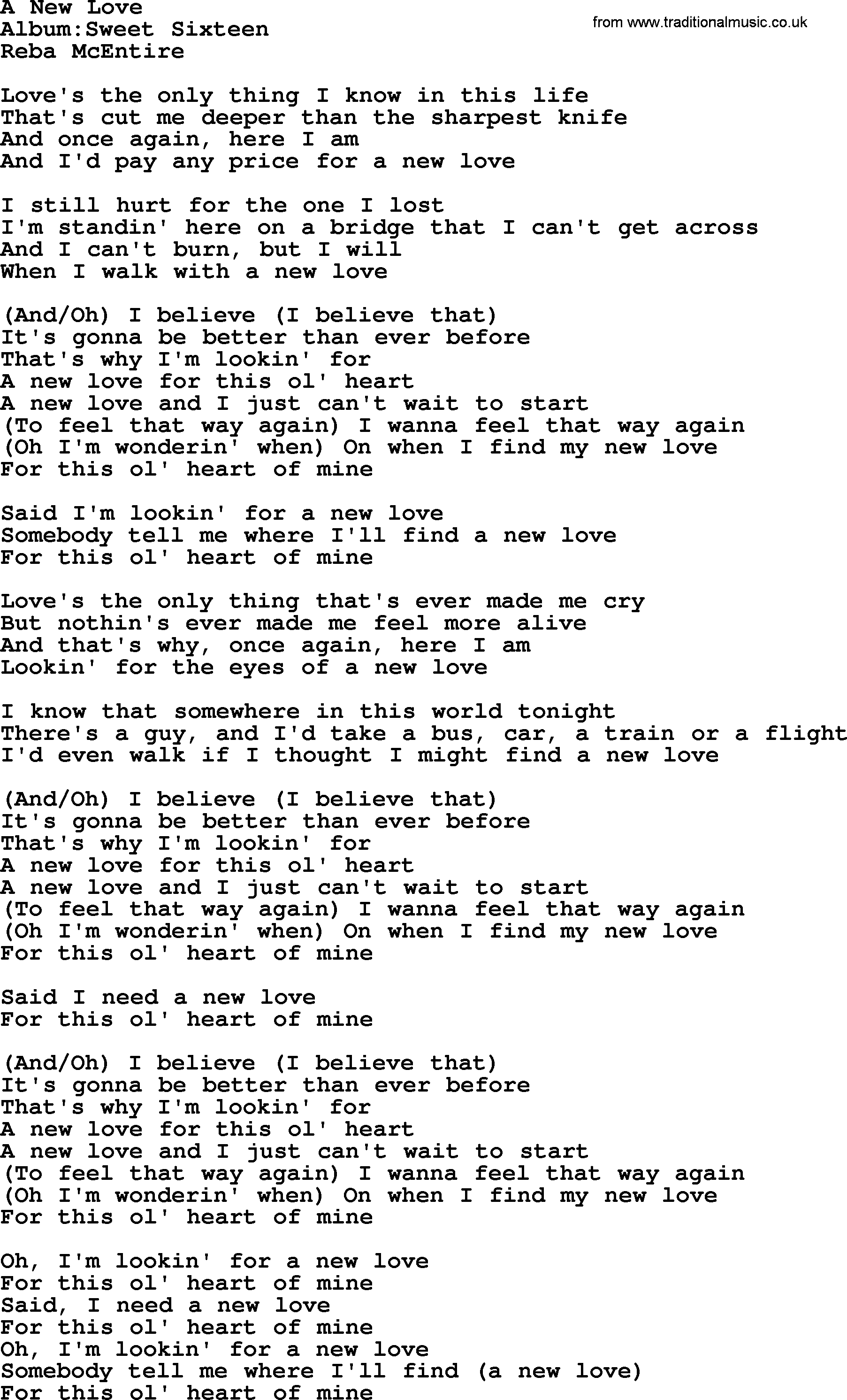 Reba McEntire song: A New Love lyrics