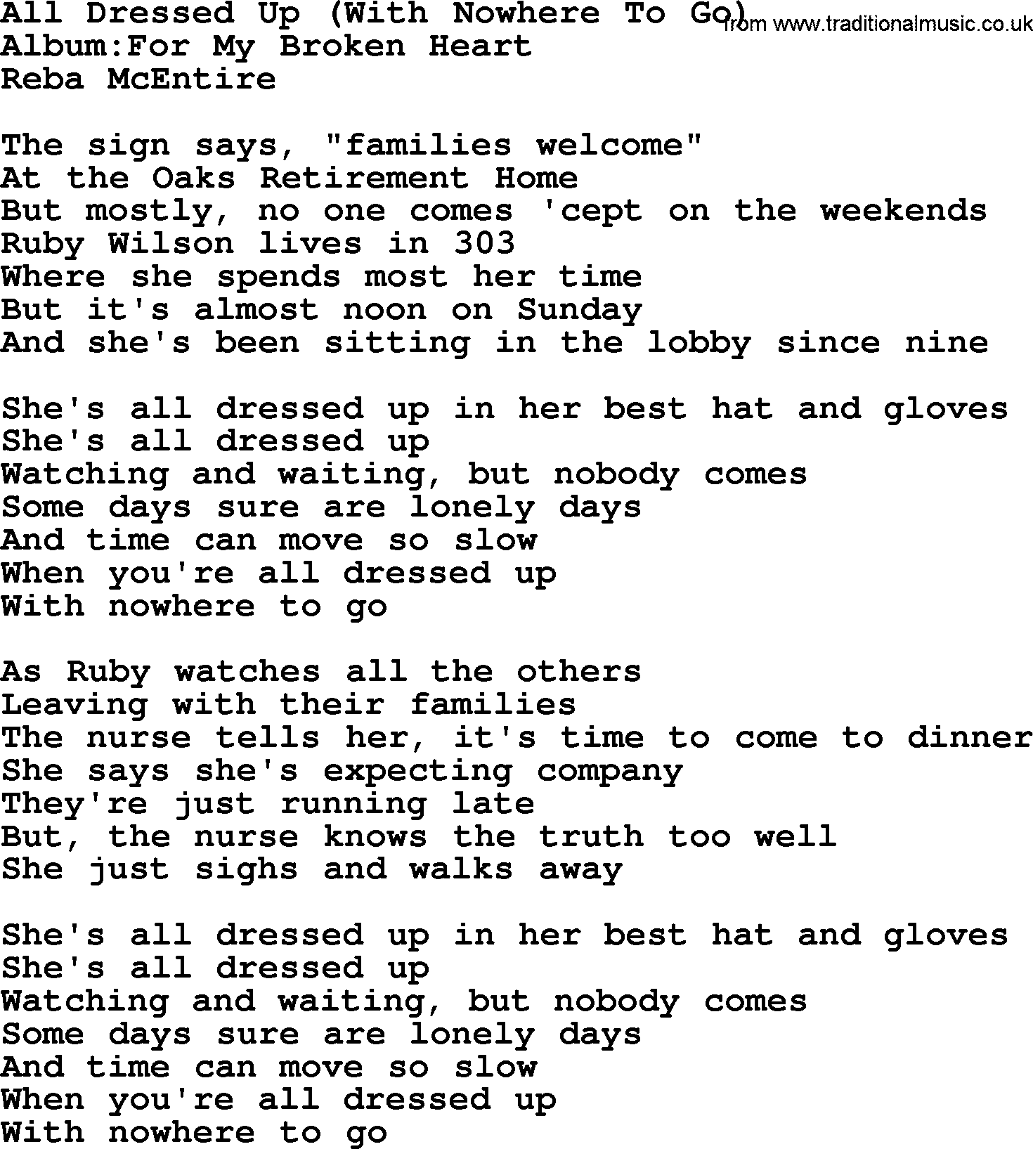 Reba McEntire song: All Dressed Up With Nowhere To Go lyrics