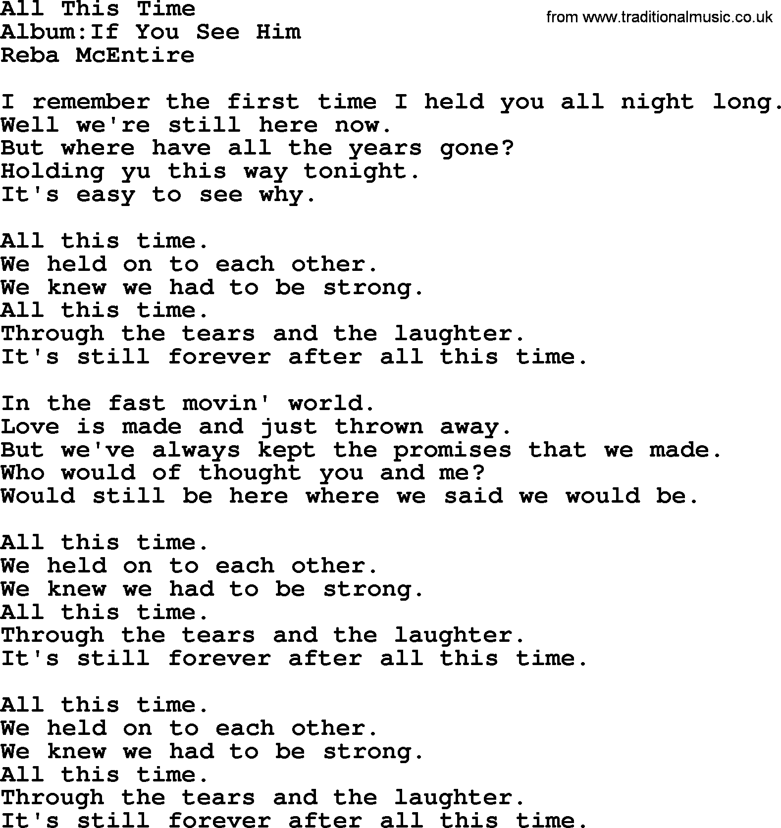 Reba McEntire song: All This Time lyrics