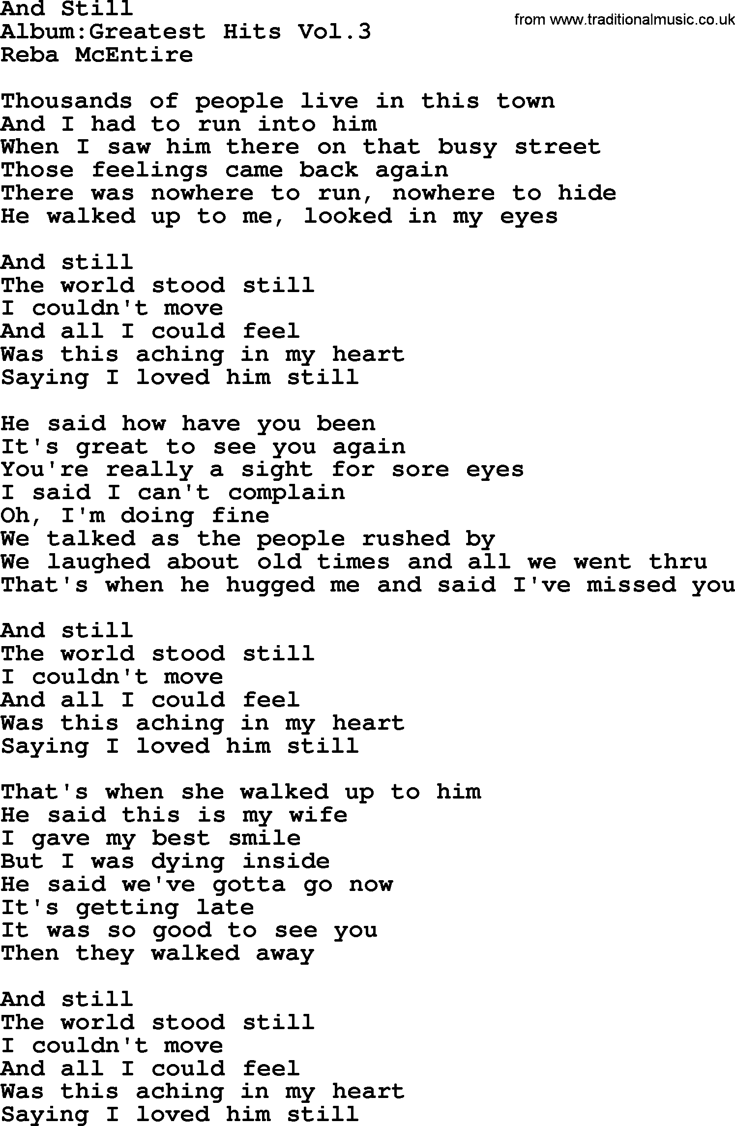 Reba McEntire song: And Still lyrics